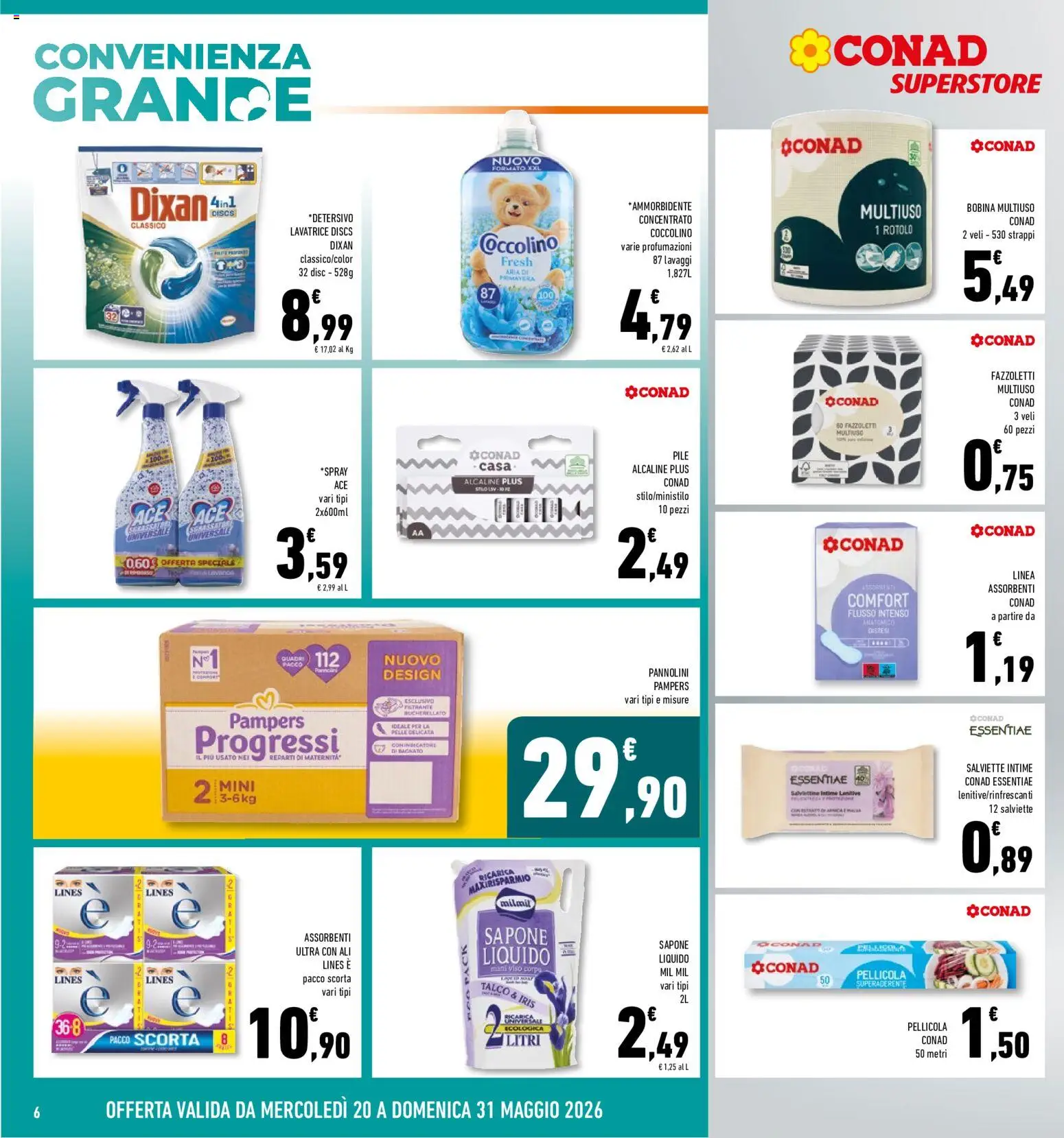Volantino Conad del 20.05.2026 | Pagina: 6 | Prodotti: Pannolini, Sapone, Ammorbidente, Pampers