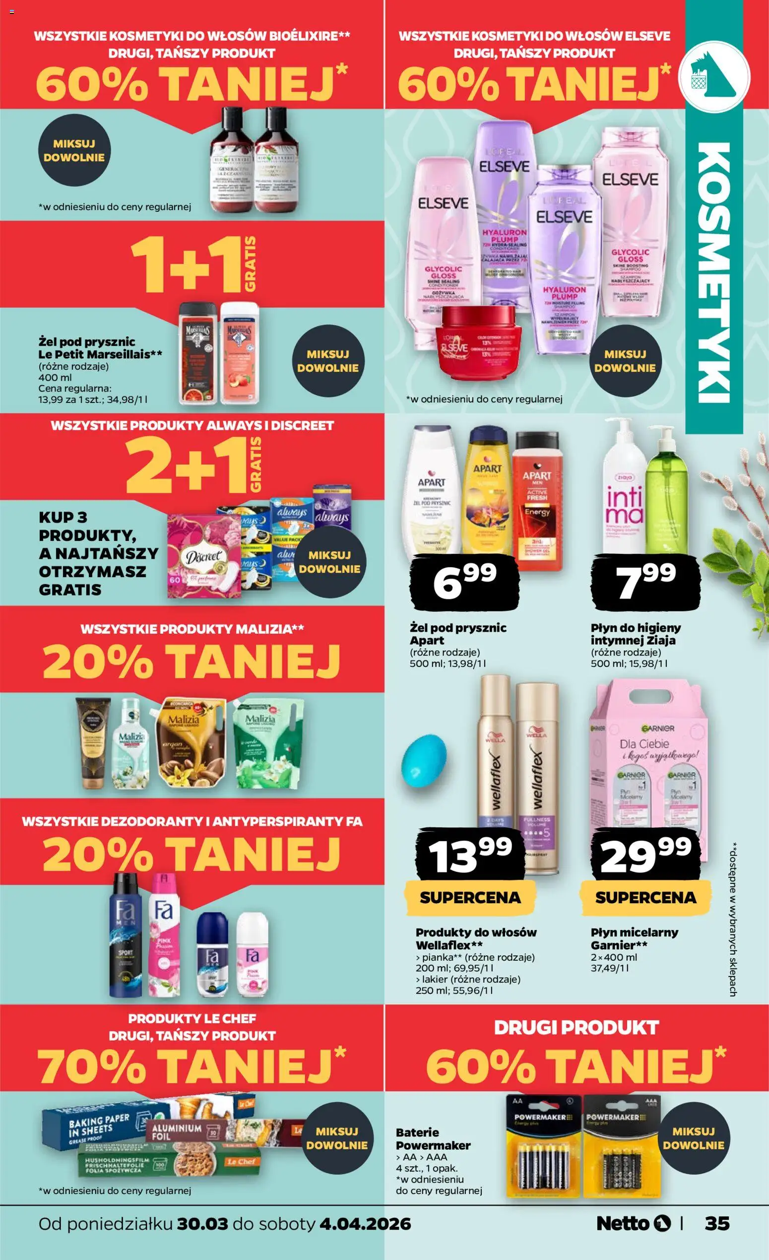 Netto gazetka od poniedziałku spożywcza od 30.03.2026 | Strona: 35 | Produkty: Kosmetyki, Baterie, Prysznic, Żel pod prysznic