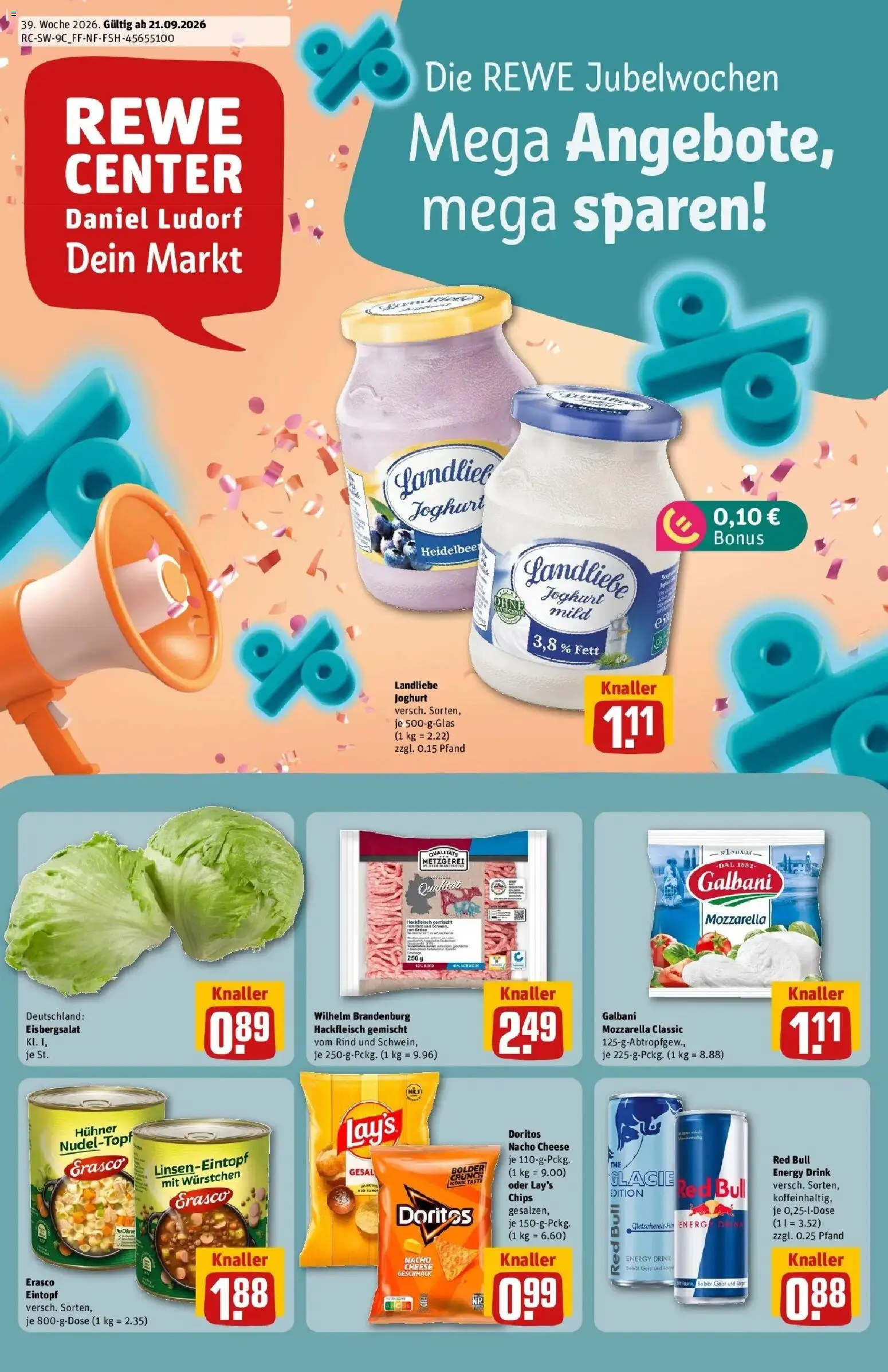REWE Prospekt ab 21.09.2026 zum Blättern » Angebote | Seite: 1 | Produkte: Energy, Joghurt, Mozzarella, Eisbergsalat