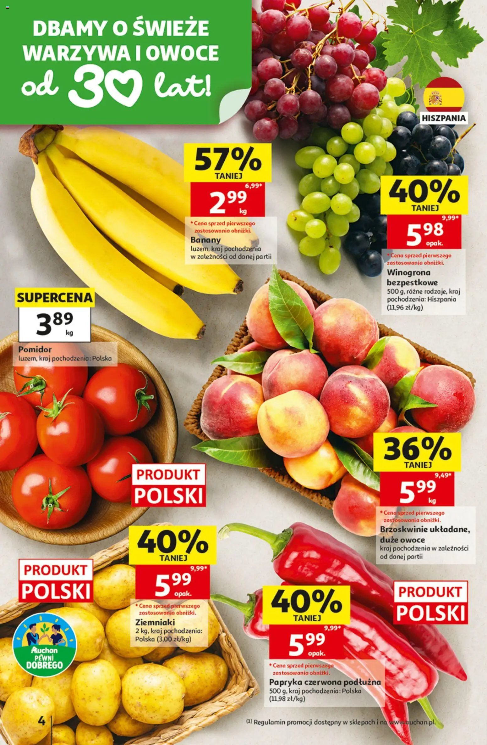Auchan gazetka - 30 Lat Hipermarket od 27.08.2026 | Strona: 4 | Produkty: Winogrona bezpestkowe, Papryka czerwona, Brzoskwinie, Owoce