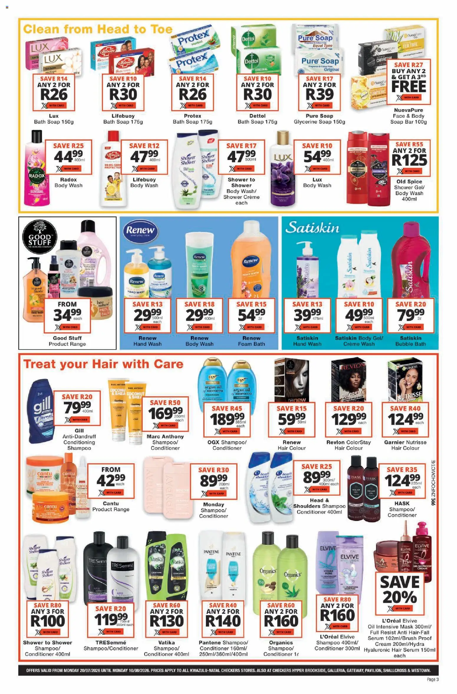 New Checkers catalogue – valid from 20/07/2026 | Page: 3 | Products: Bath, Oil, Cream, Body wash