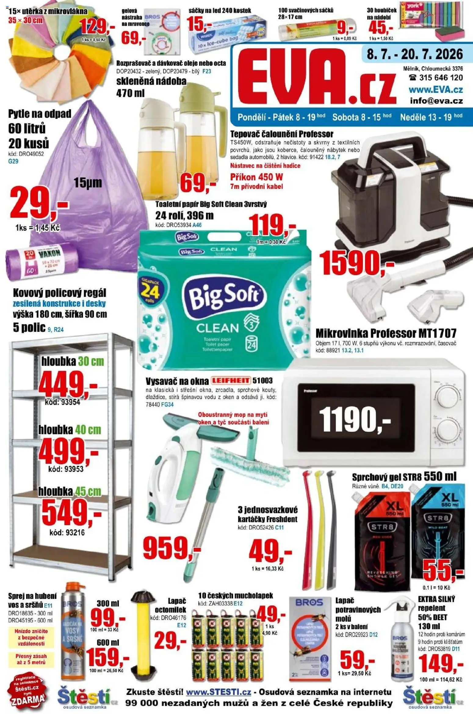 Eva supermarket leták od 08.07.2026 | Strana: 1 | Produkty: Toaletní papír, Mop, Hadice, Vysavač