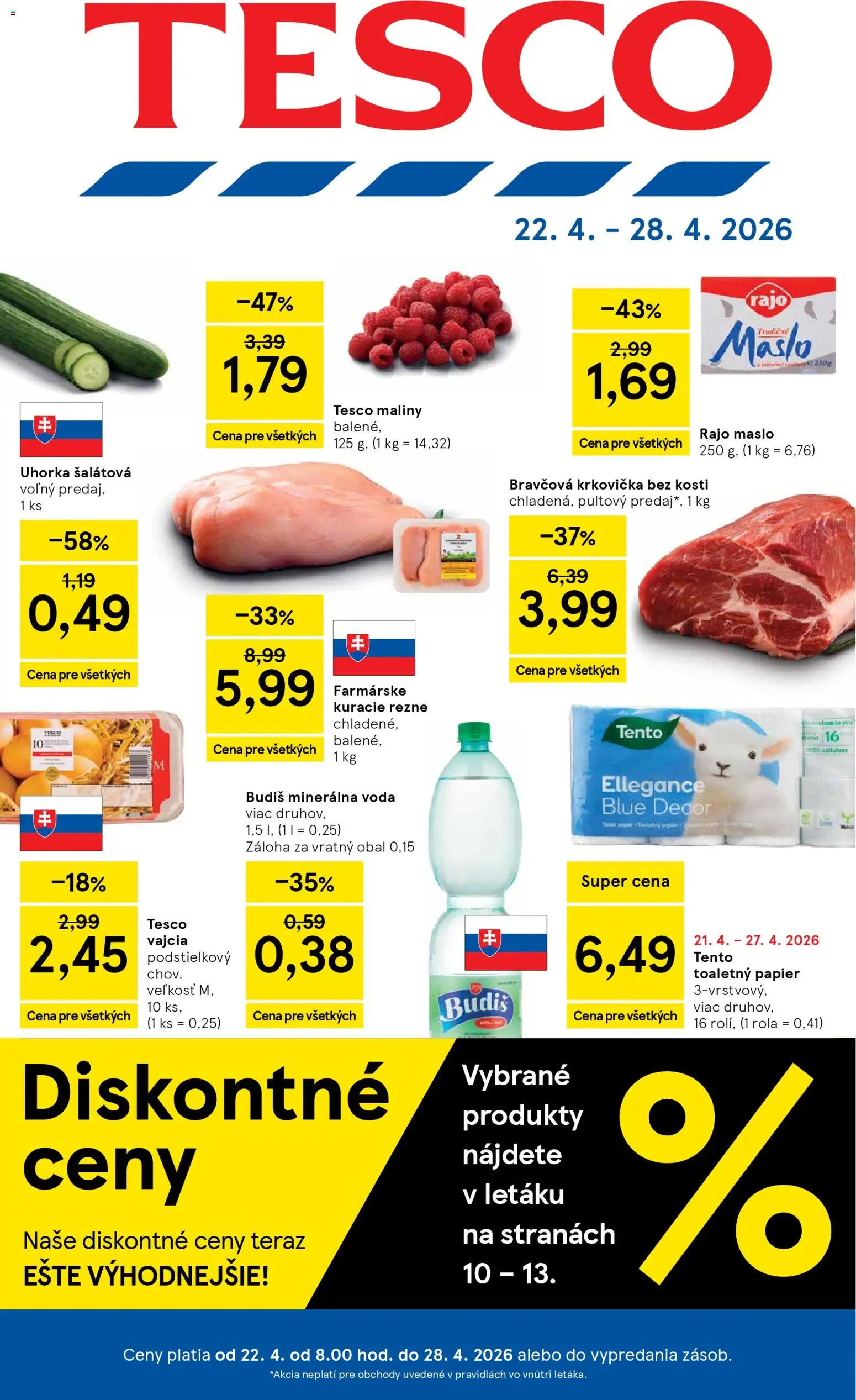 Nové Tesco akcie – leták je platný od 22.04.2026 | Strana: 1 | Produkty: Bravčová krkovička, Kuracie rezne, Voda, Minerálna voda