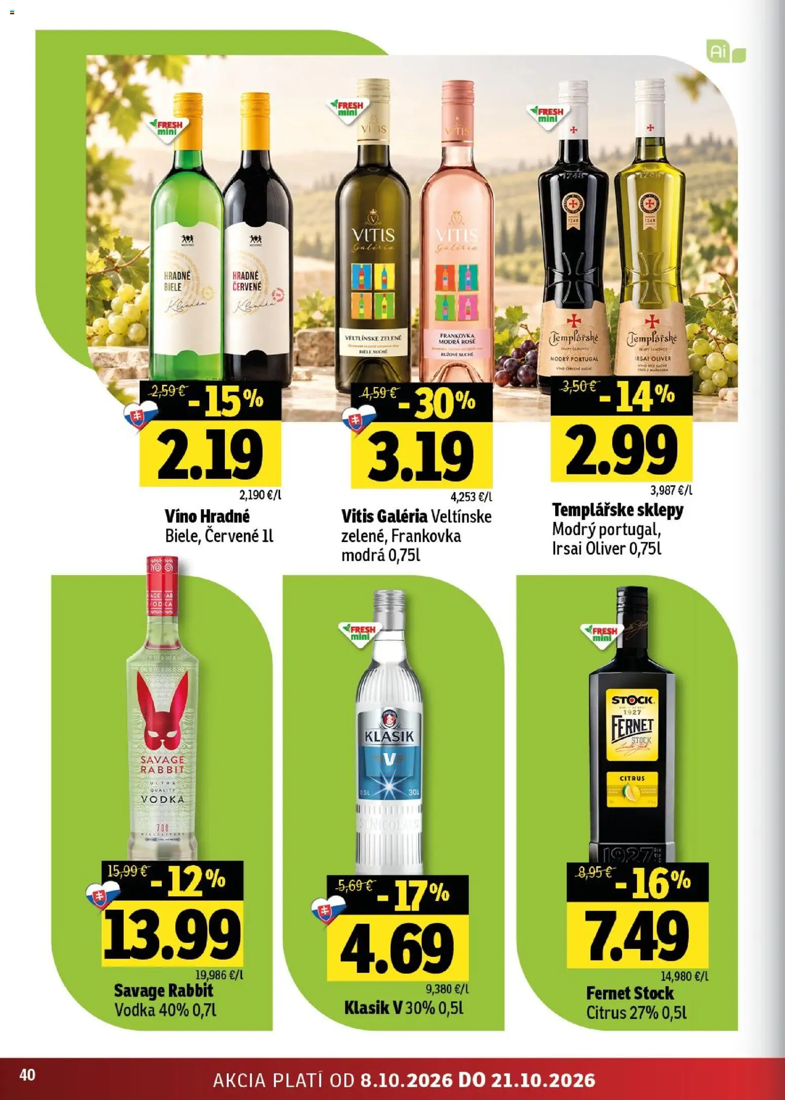 Nové Fresh akcie – leták je platný od 08.10.2026 | Strana: 40 | Produkty: Víno, Vodka, Fernet, Fernet Stock