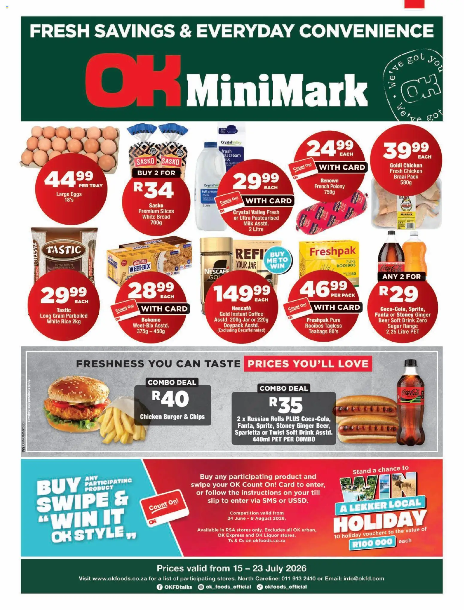 New OK Foods catalogue – valid from 15/07/2026 | Page: 1 | Products: Polony, Chicken, Fanta, Estuche organizador de viaje