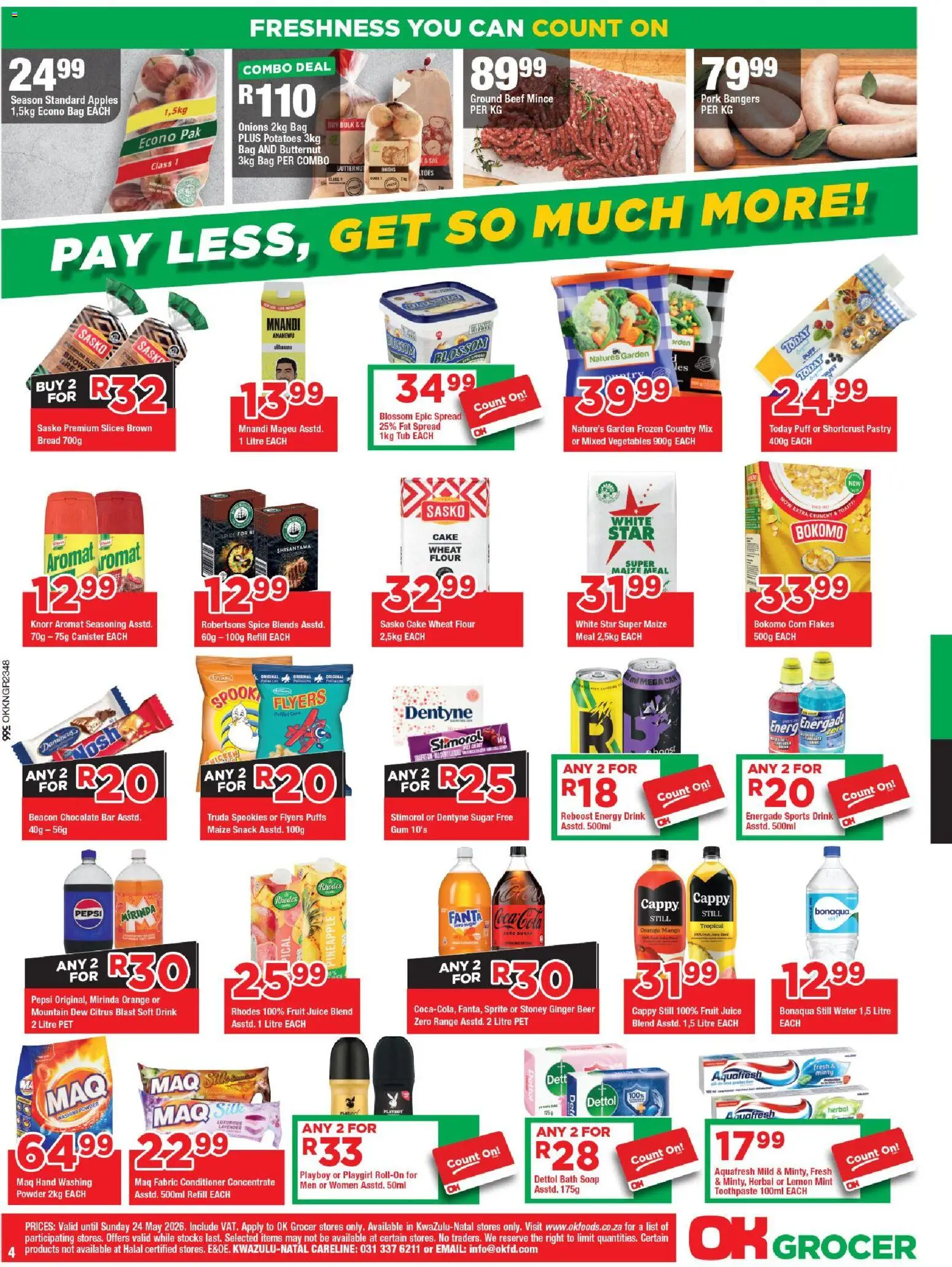 New OK Foods catalogue – valid from 13.05.2026 | Page: 4 | Products: Bag, Juice, Toothpaste, Water