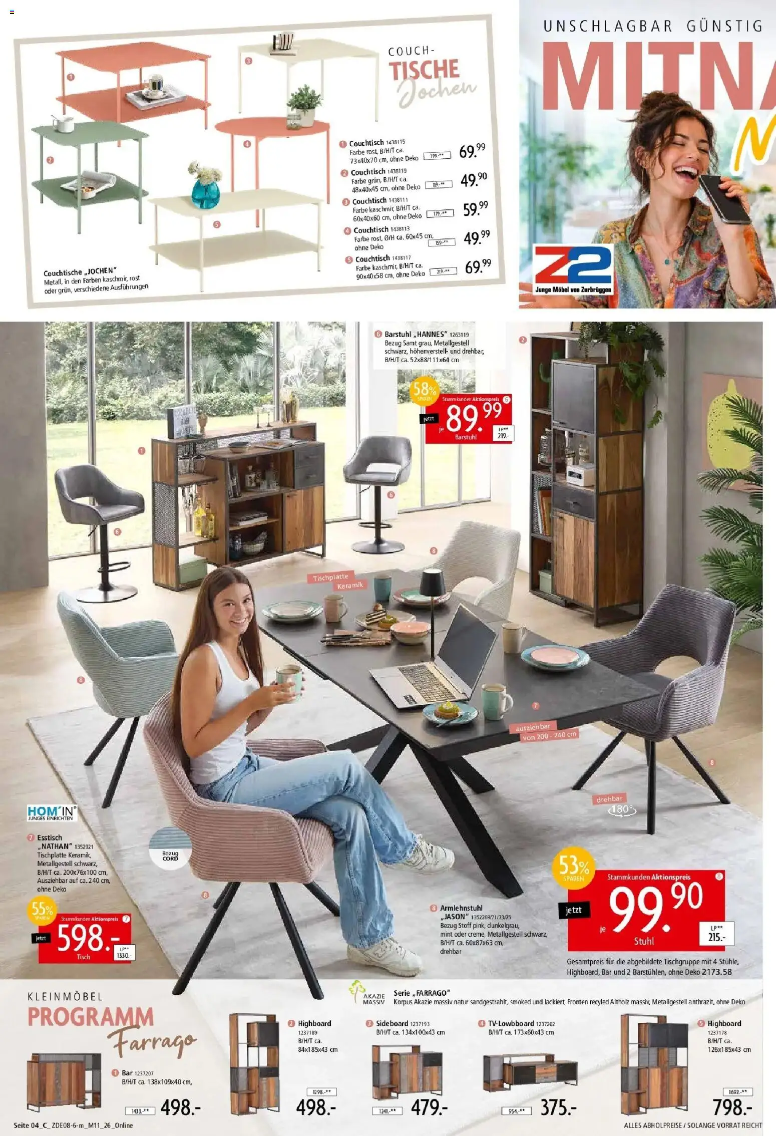 Zurbrüggen - Zurbrüggen: Mitnahme Möbel – gültig ab 29.08.2026 | Seite: 12 | Produkte: HIghboard, Esstisch, Couch, Couchtisch