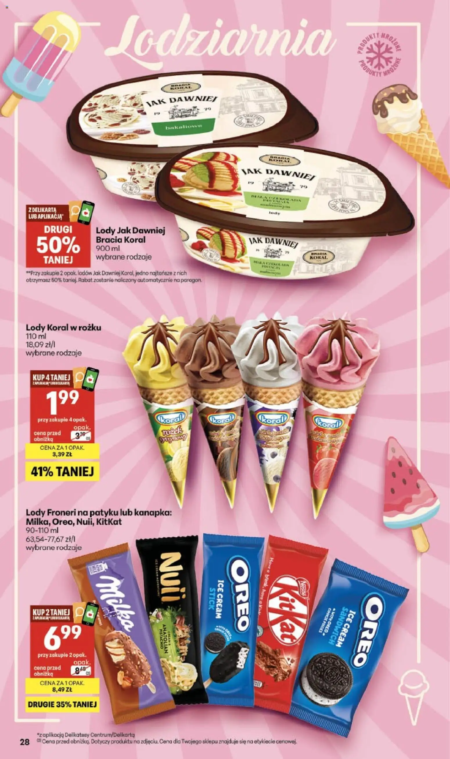 Delikatesy Centrum gazetka od 09.07.2026 | Strona: 28 | Produkty: Sandwich, Milka, Lody koral, Lody