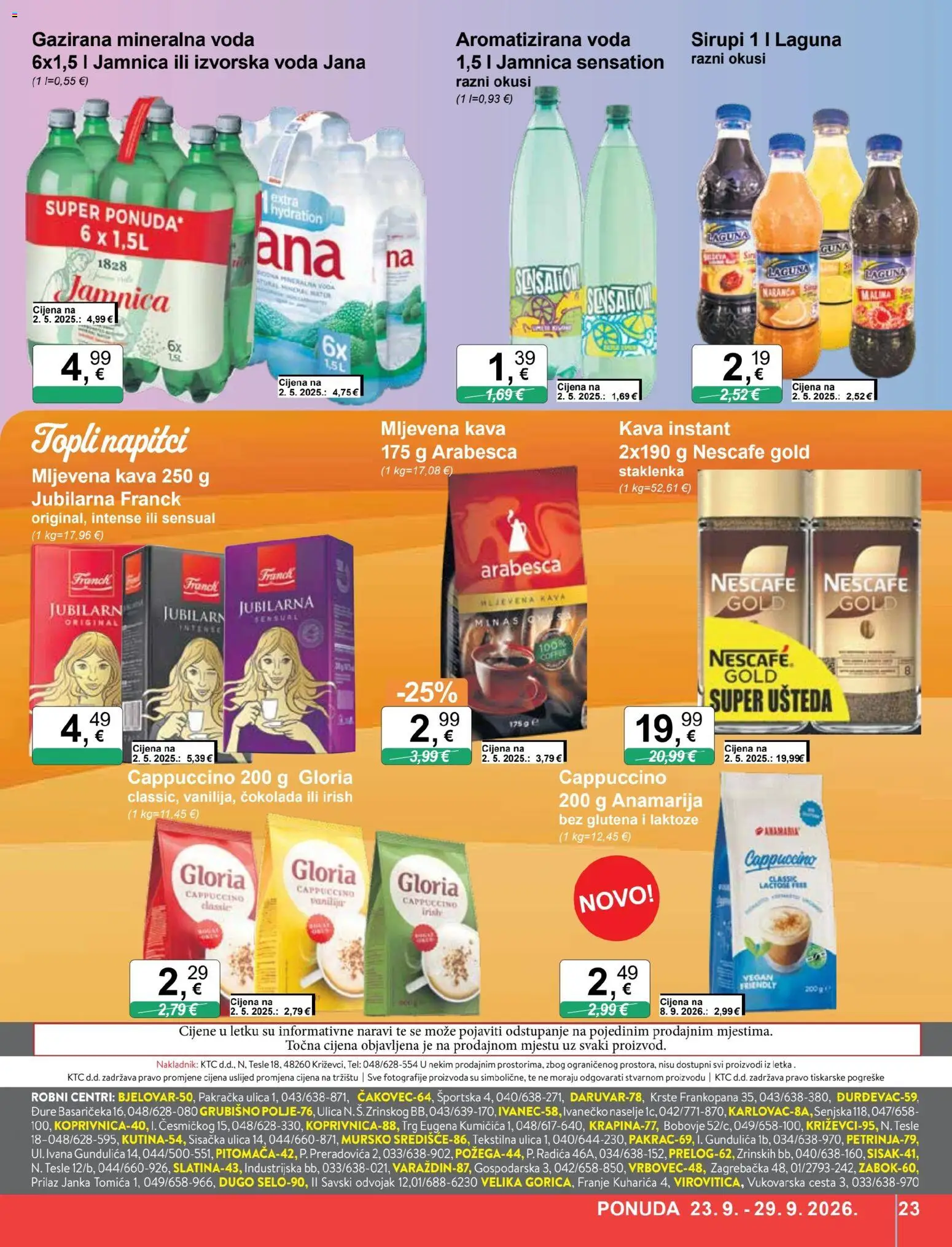 KTC katalog | vrijedi od 23.09.2026 | Stranica: 23 | Proizvodi: Gazirana mineralna voda, Nescafe, Cappuccino, Izvorska voda