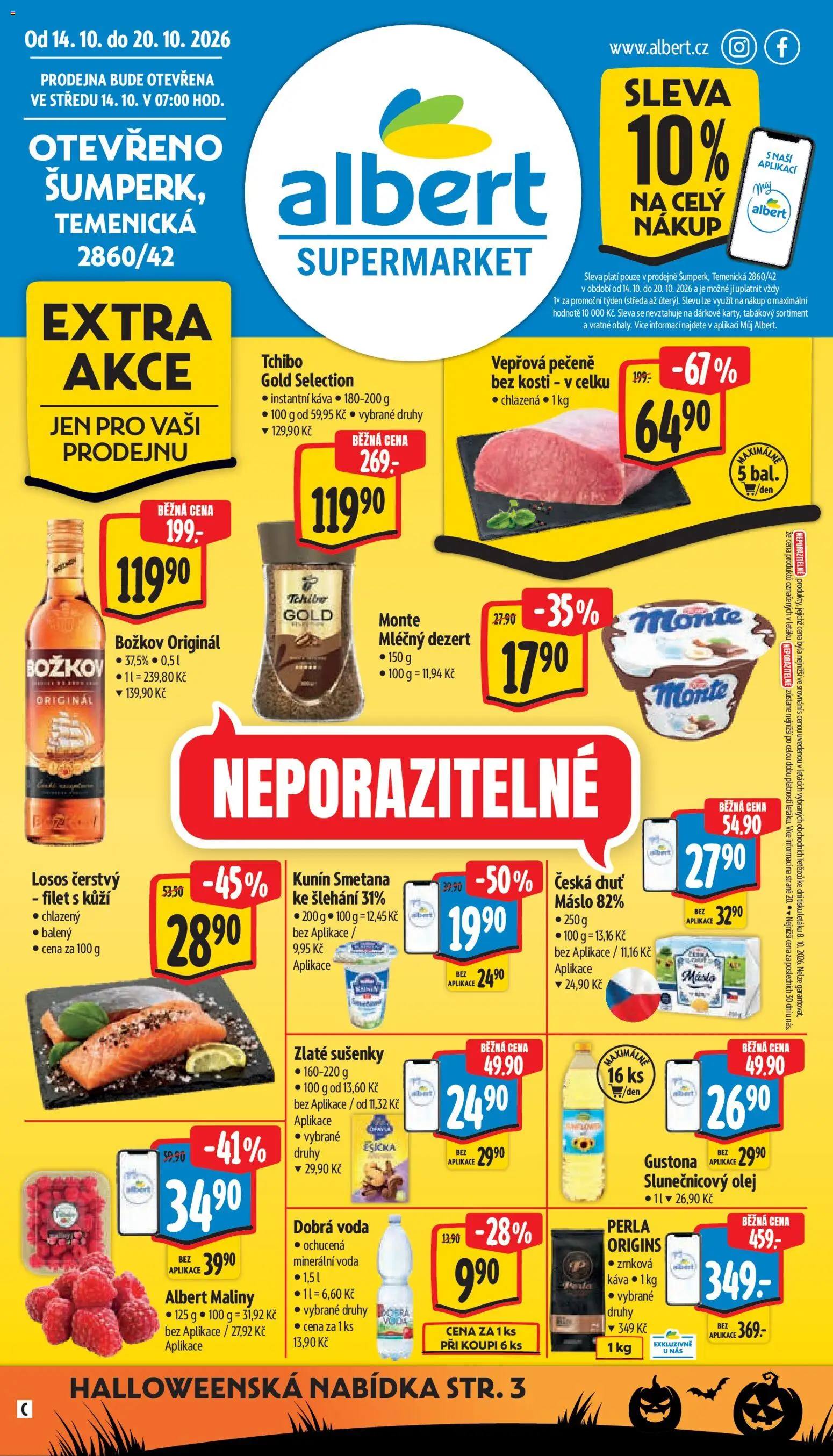 Albert leták - Supermarket Šumperk od 14.10.2026 | Strana: 1 | Produkty: Filet, Zrnková káva, Perla, Dezert