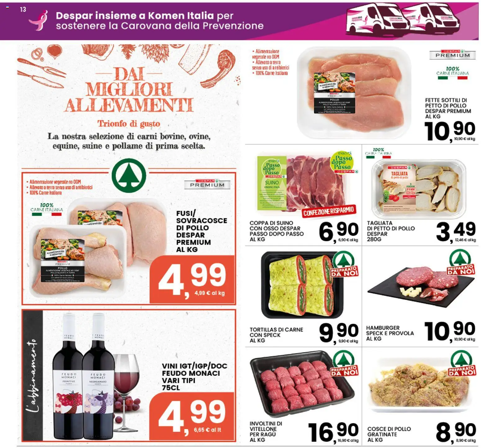 Volantino Interspar del 22/10/2026 | Pagina: 13 | Prodotti: Pollame, Hamburger, Cosce di pollo, Terra