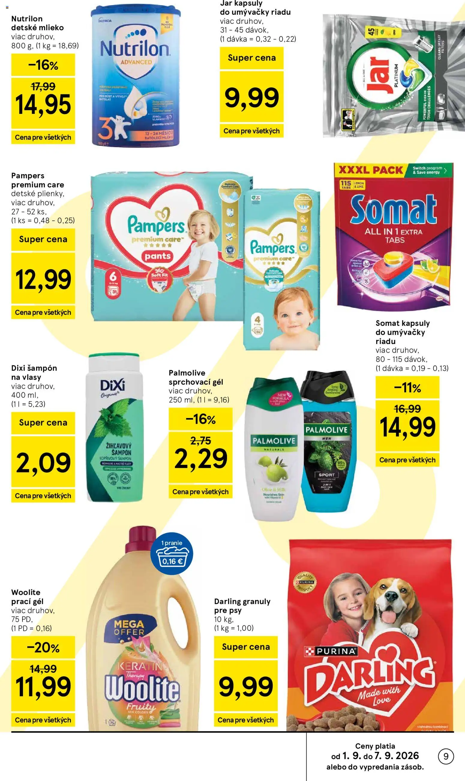 Nové Tesco akcie – leták je platný od 02.09.2026 | Strana: 9 | Produkty: Pampers Premium Care, Woolite, Kapsuly do umývačky riadu, Jar