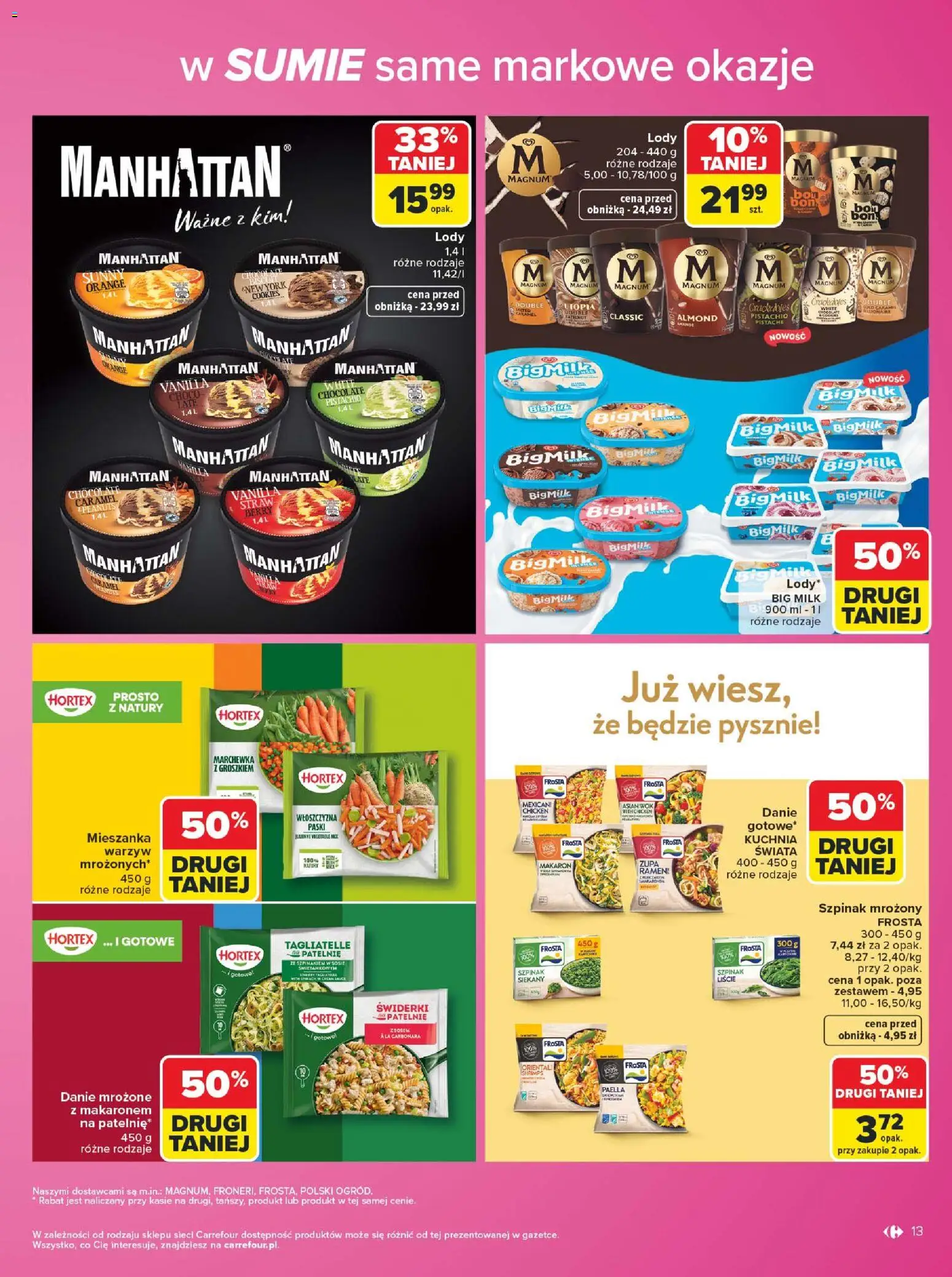 Carrefour gazetka - Same markowe okazje od 03.08.2026 | Strona: 13 | Produkty: Szpinak, Lody manhattan, Big Milk, Makaron