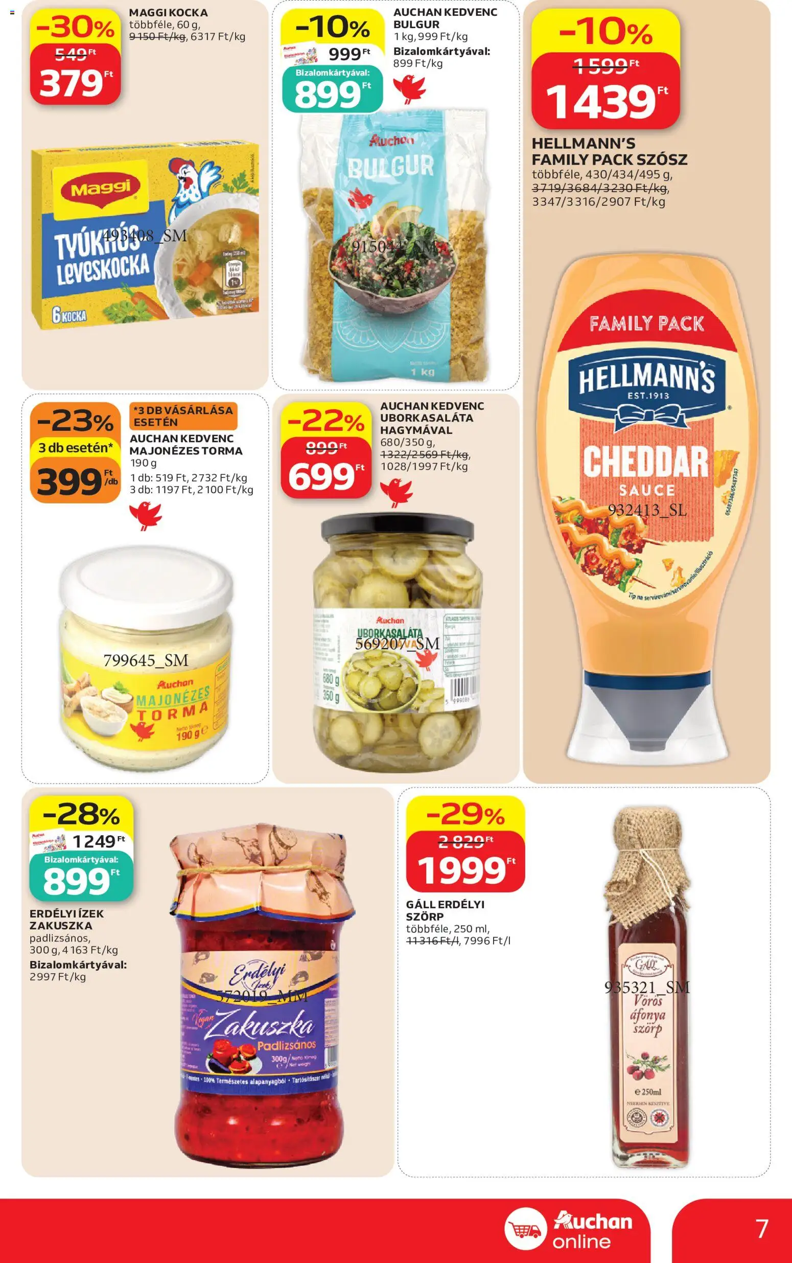 Auchan akciós ujság - amely érvényes a következő dátumtól: 2026.08.27. | Oldal: 7 | Termékek: Hellmann’s, Leveskocka, Bulgur, Cheddar
