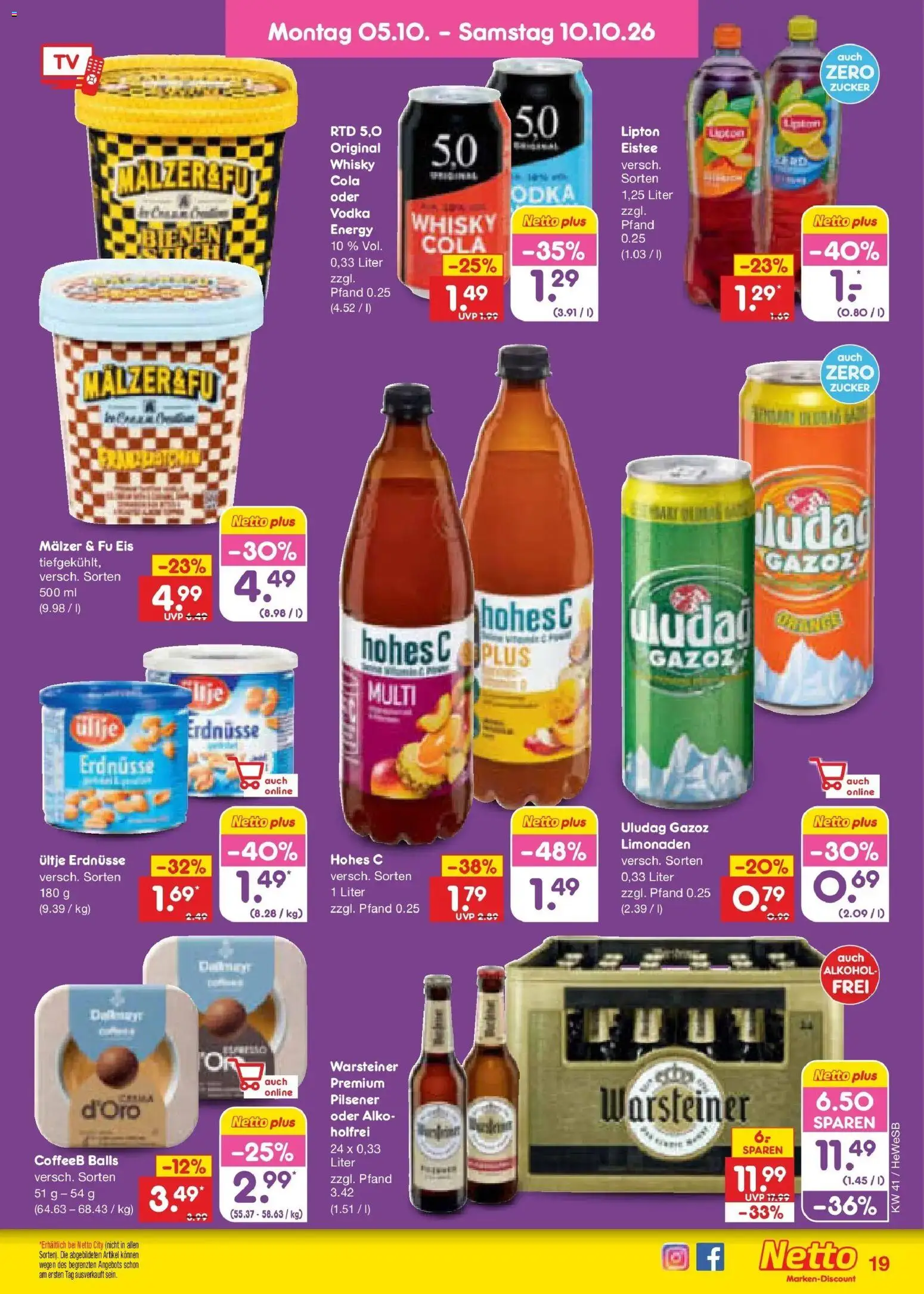 Netto Marken-Discount Prospekt Hamburg (ab 05.10.2026) » Angebote | Seite: 19 | Produkte: Ultje erdnusse, Alkohol, Vodka, Eis