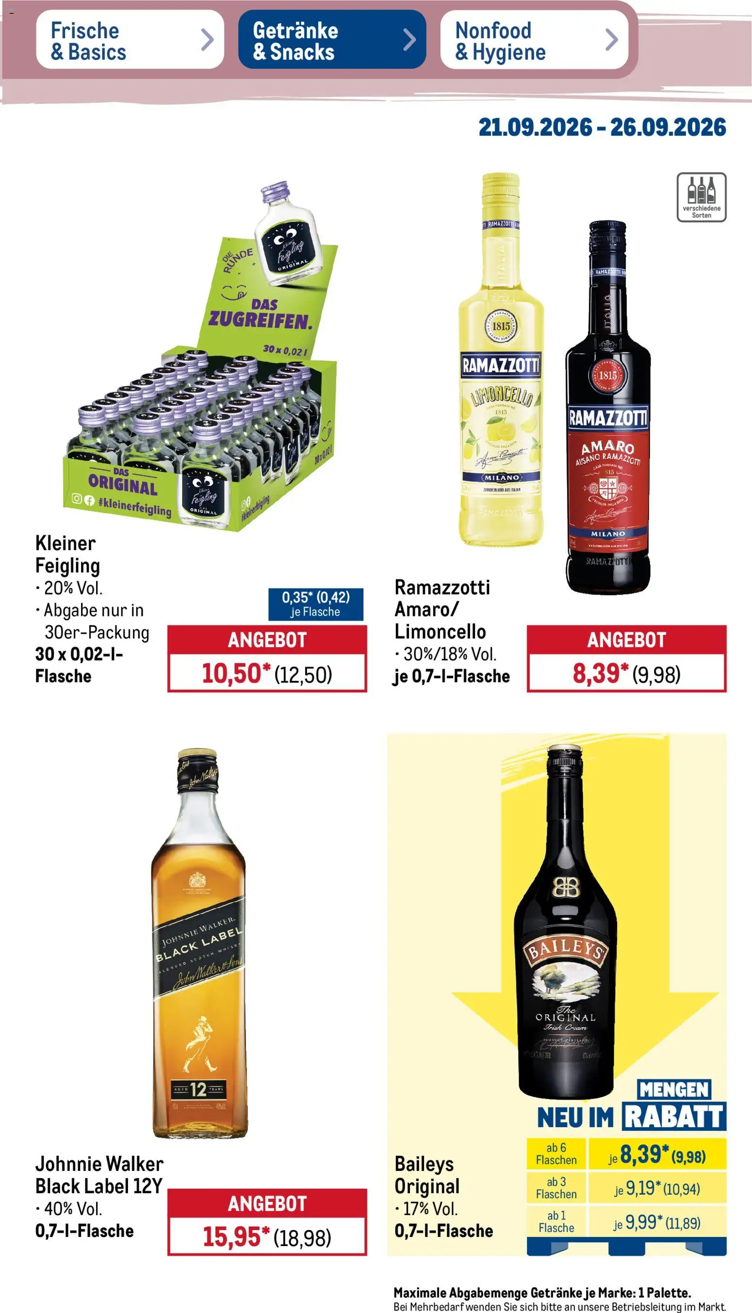 Metro Prospekt – gültig ab 21.09.2026 | Seite: 29 | Produkte: Limoncello, Baileys, Ramazzotti, Johnnie walker