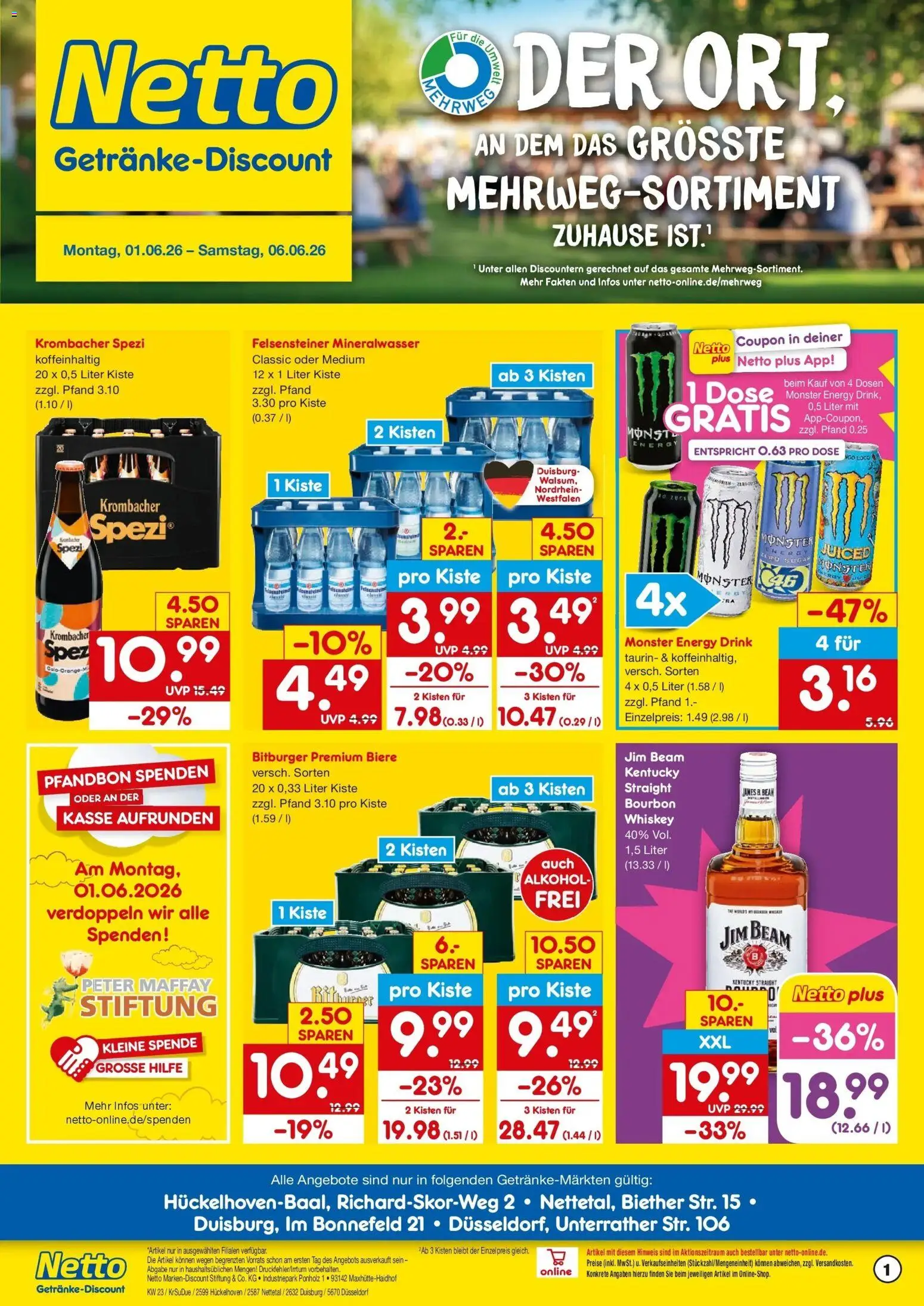 Netto Marken-Discount Prospekt Hückelhoven-Baal – gültig ab 01.06.2026 | Seite: 1 | Produkte: Bitburger, Jim beam, Monster, Krombacher