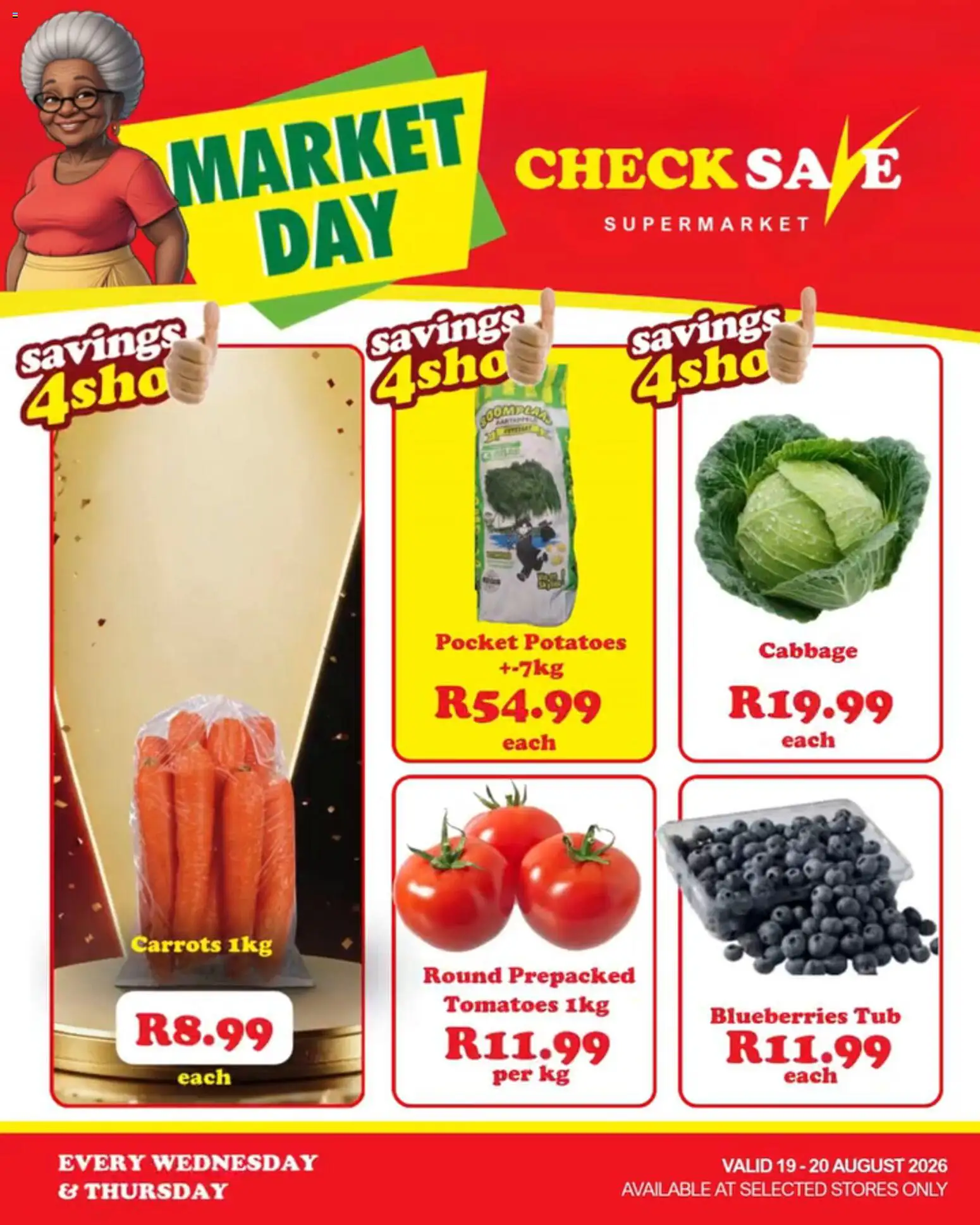 New Check Save catalogue – valid from 19/08/2026 | Page: 4 | Products: Blueberries, Tomatoes, Carrots, Potatoes
