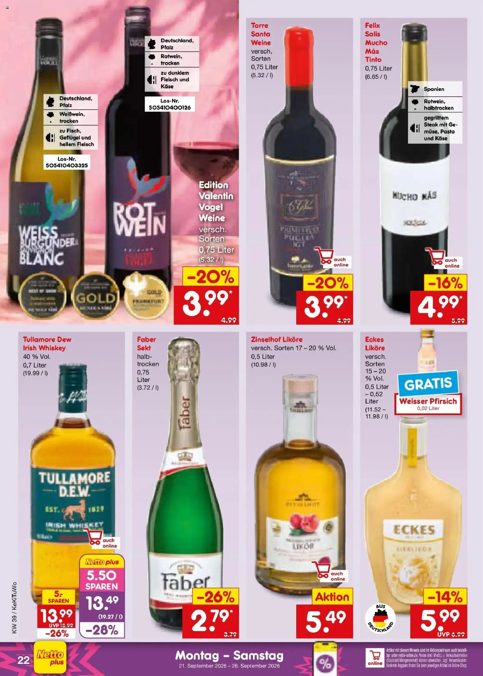 Netto Marken-Discount Prospekt Bad Friedrichshall – gültig ab 21.09.2026 | Seite: 30 | Produkte: Käse, Likör, Pasta, Whiskey
