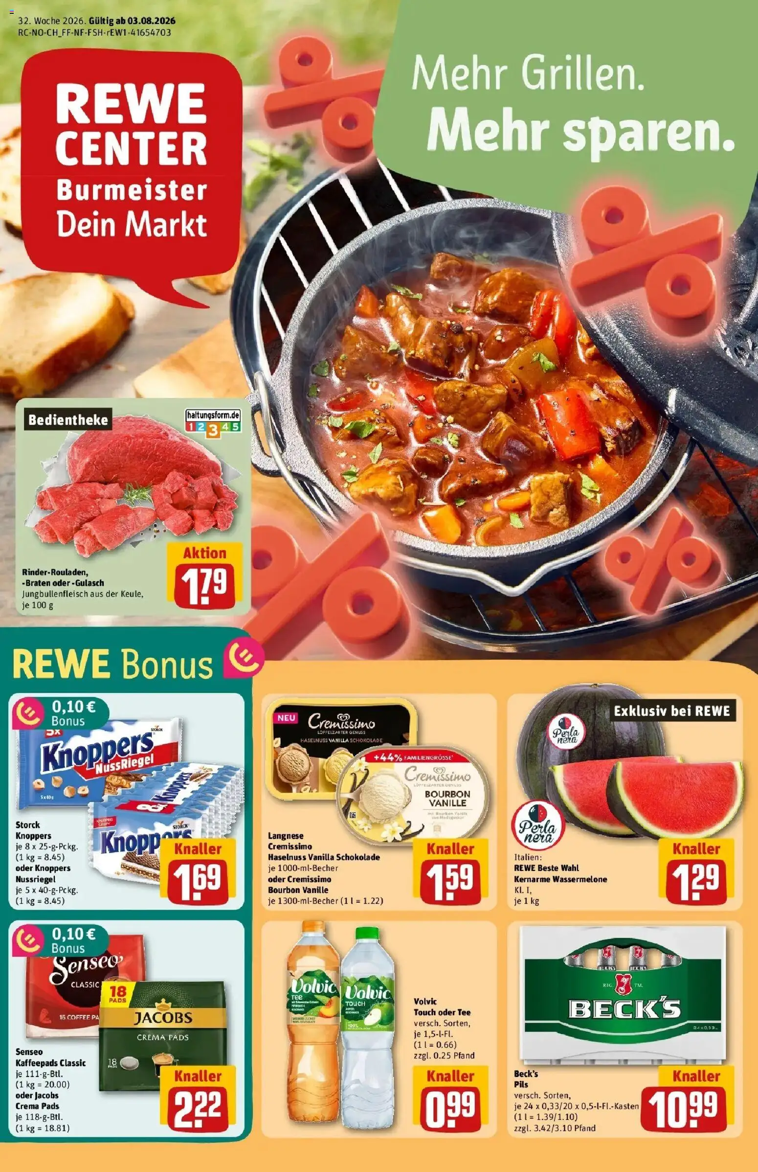 REWE Prospekt ab 03.08.2026 zum Blättern » Angebote | Seite: 1 | Produkte: Kaffeepads, Knoppers, Wassermelone, Volvic