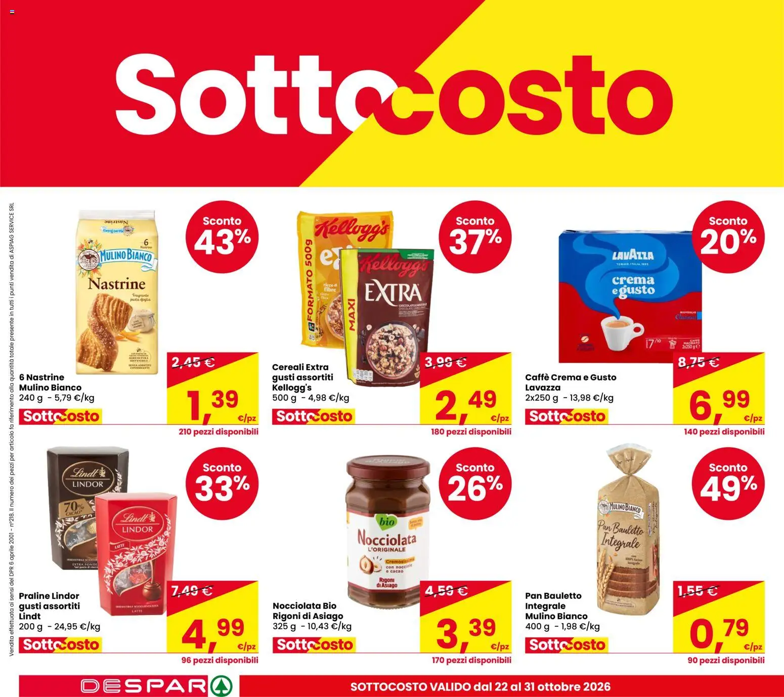 Volantino Despar del 22/10/2026 | Pagina: 6 | Prodotti: Lindt, Pasta sfoglia, Pasta, Cacao