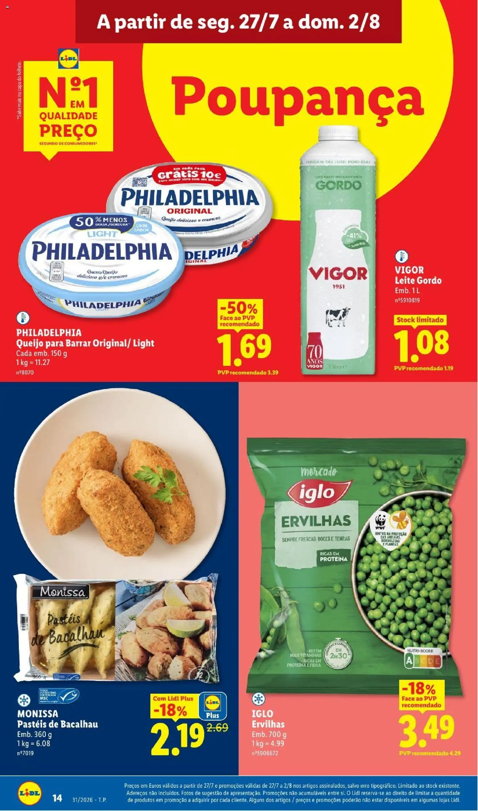 Lidl folheto │ válido de 27/07/2026 | Página: 14 | Produtos: Bacalhau, Leite, Queijo, Proteina