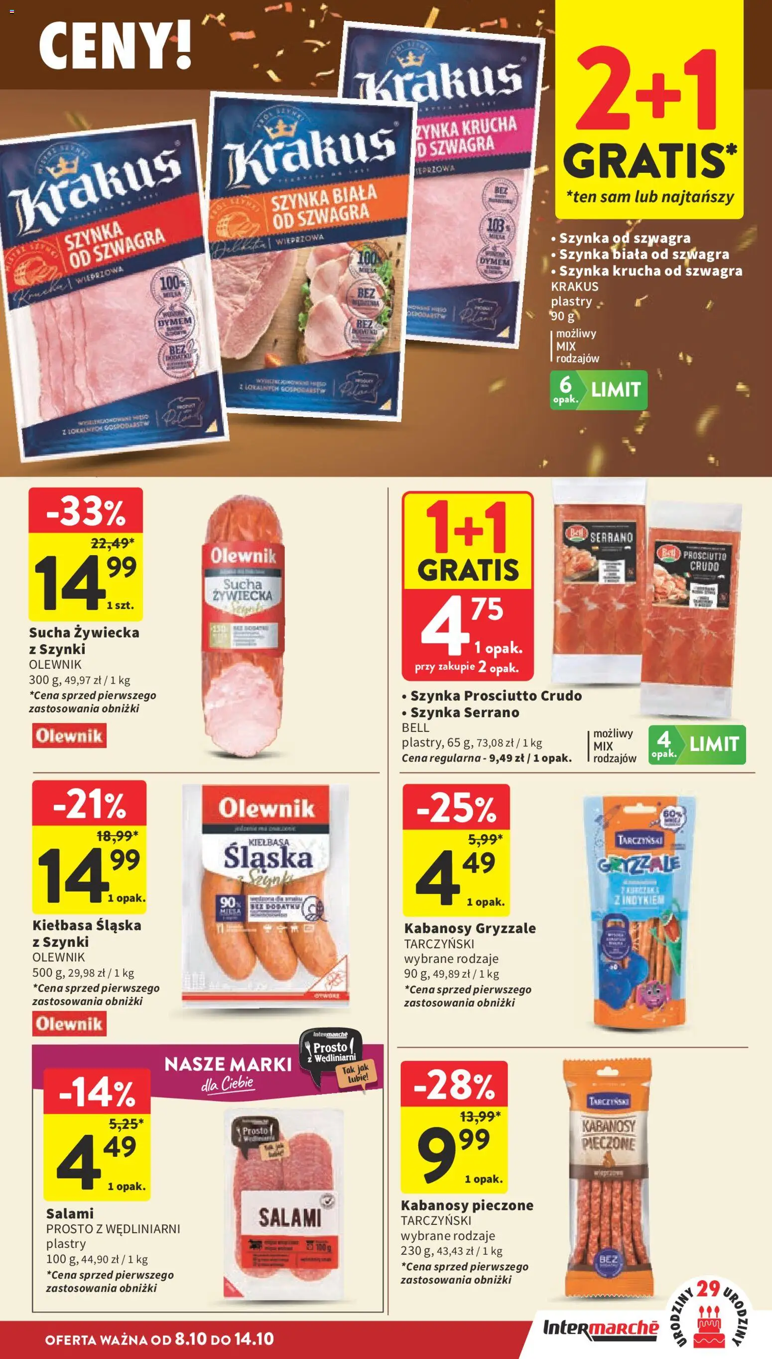 Intermarche gazetka od 08.10.2026 | Strona: 17 | Produkty: Kiełbasa, Prosciutto crudo, Szynka serrano, Prosciutto