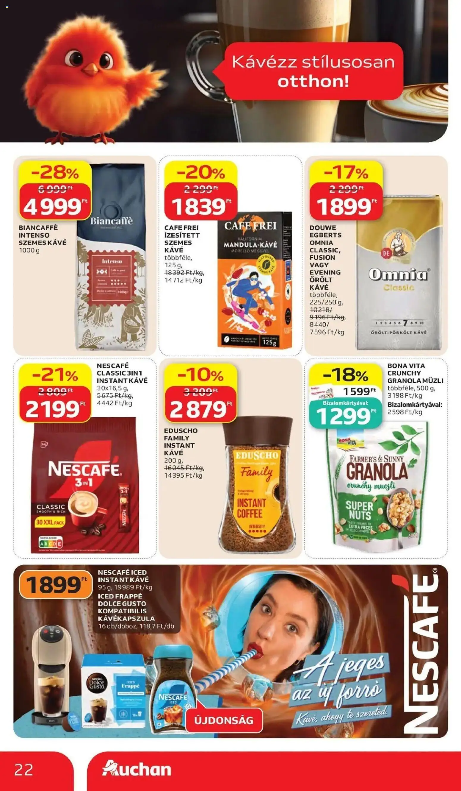 Auchan akciós ujság - amely érvényes a következő dátumtól: 28.05.2026 | Oldal: 22 | Termékek: Nescafé, Müzli, Granola, Kávé