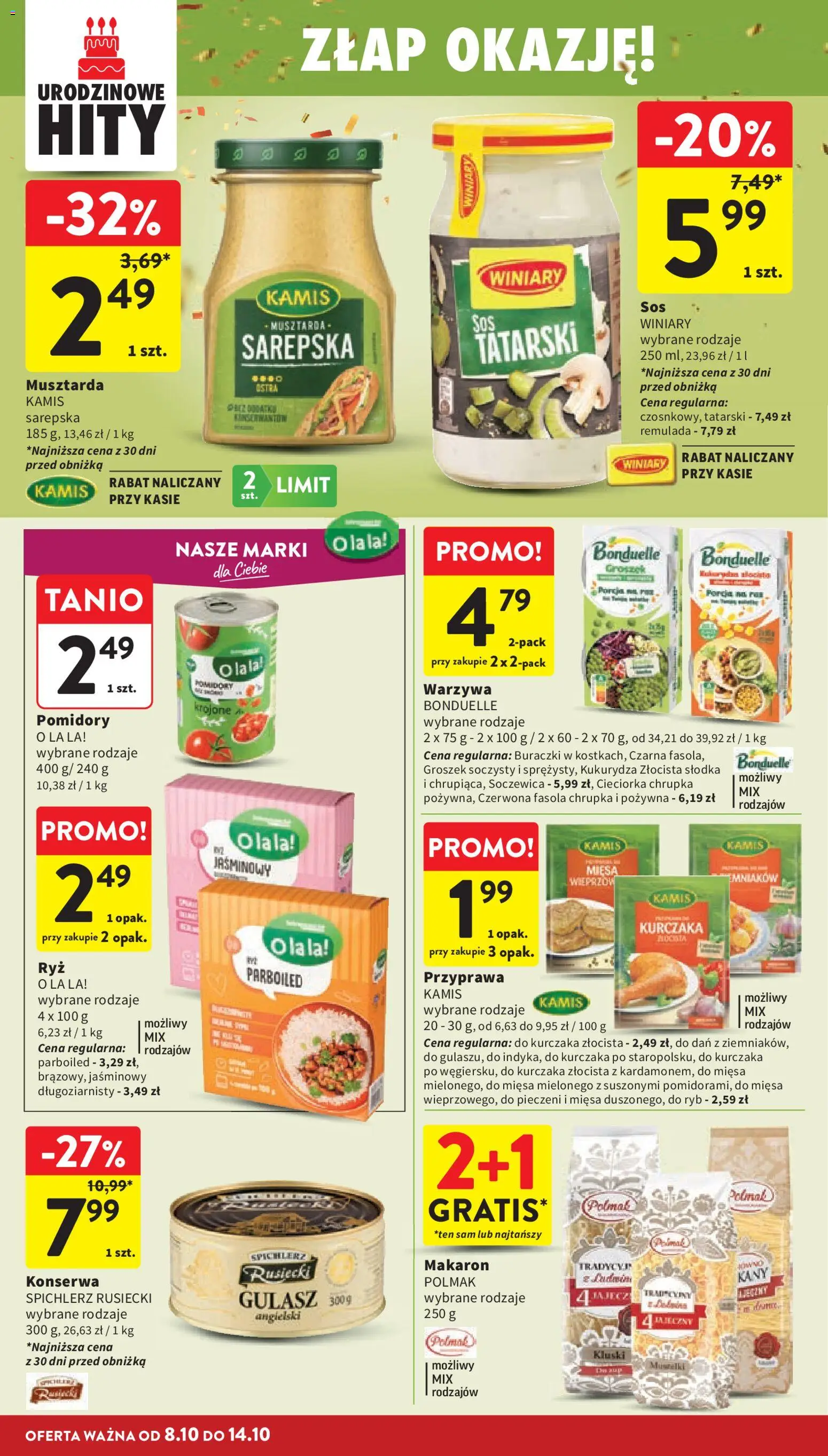 Intermarche gazetka od 08.10.2026 | Strona: 32 | Produkty: Musztarda, Pomidory, Makaron, Gulasz