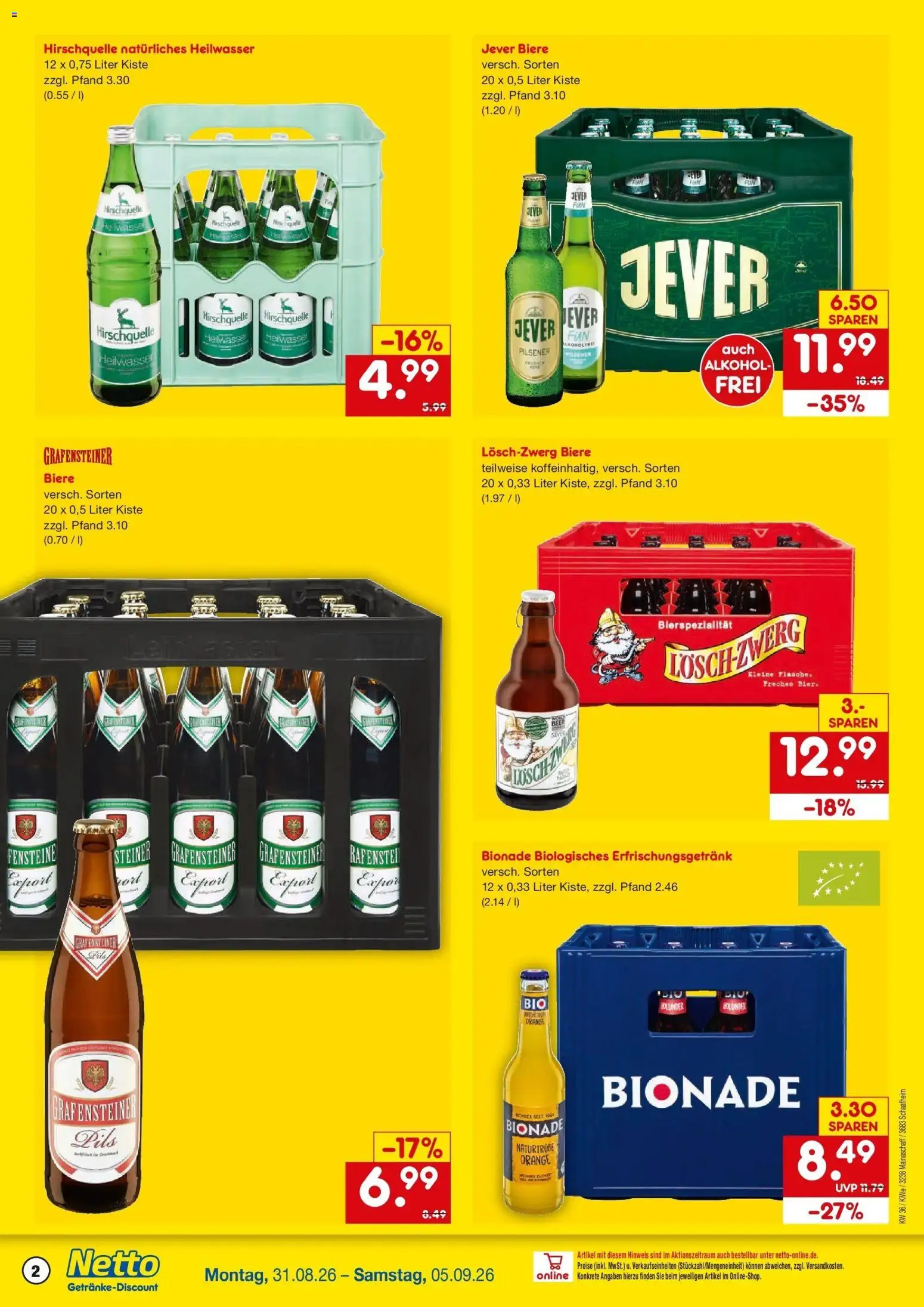 Netto Marken-Discount Prospekt Schaafheim – gültig ab 31.08.2026 | Seite: 2 | Produkte: Bionade, Wasser, Alkohol, Jever