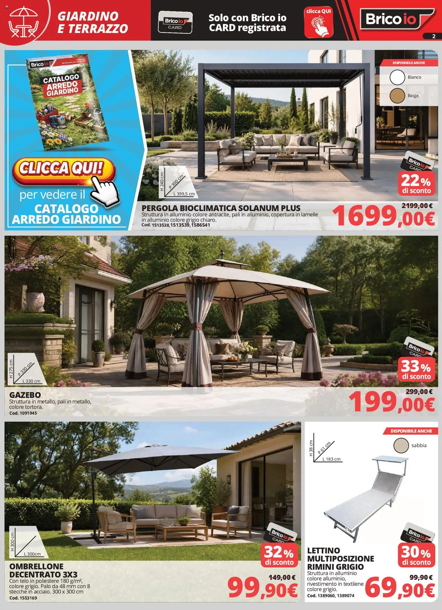 Volantino Brico io del 04.06.2026 | Pagina: 2 | Prodotti: Ombrellone, Gazebo, Pergola, Alluminio