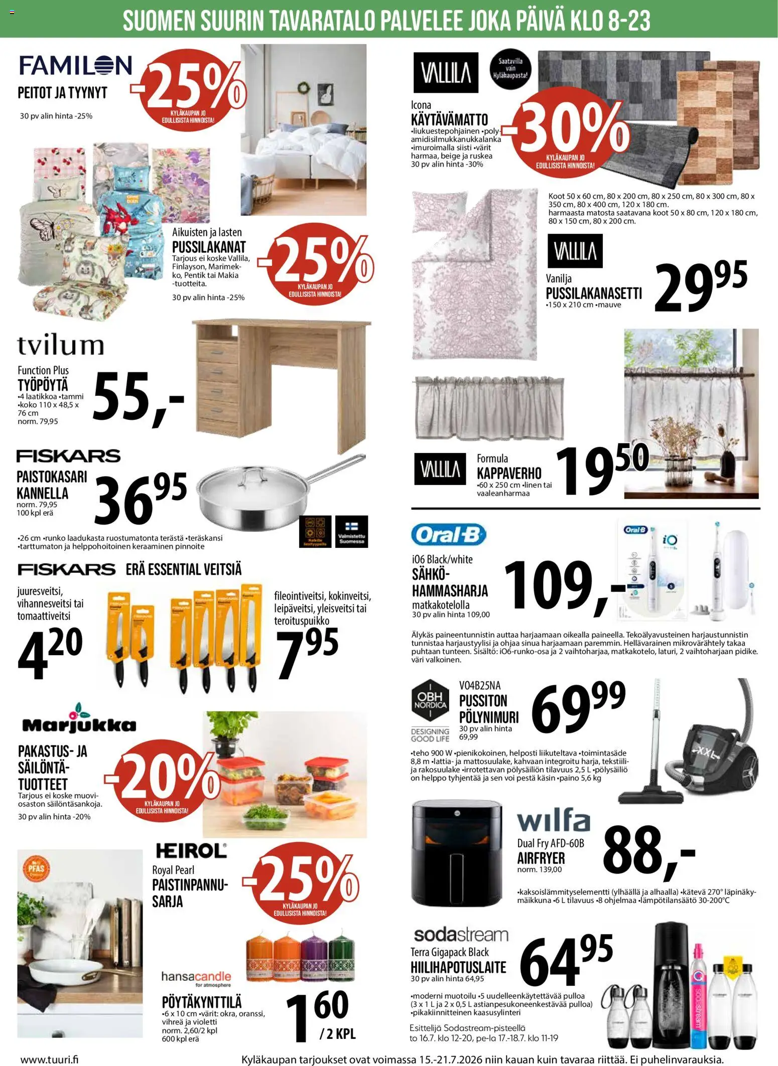 Tuuri tarjoukset – voimassa 15/07/2026 alkaen | Sivu: 3 | Tuotteet: Paistinpannu, Työpöytä, Sodastream, Voi