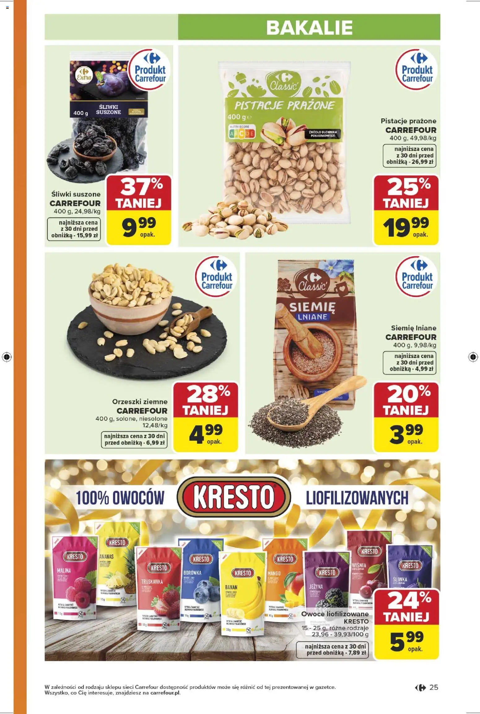 Carrefour gazetka od 13.04.2026 | Strona: 27 | Produkty: Śliwki, Orzeszki ziemne, Siemie lniane, Owoce