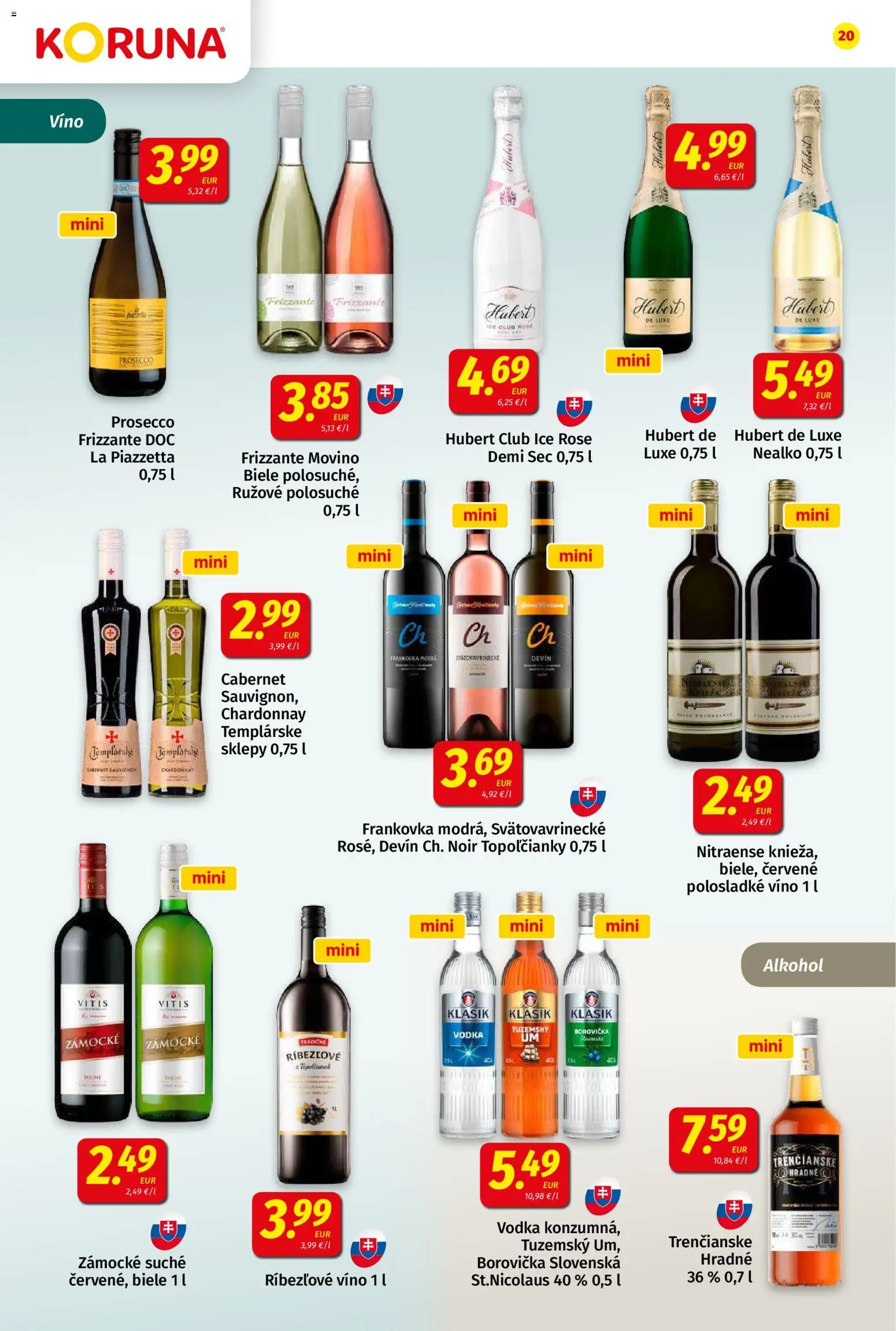 Nové Koruna akcie – leták je platný od 08.05.2026 | Strana: 20 | Produkty: Víno, Prosecco, Borovička, Alkohol