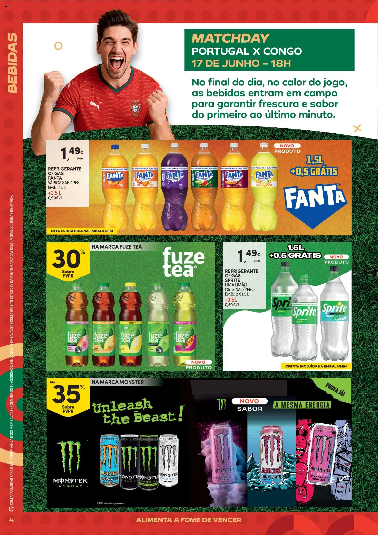 Continente - Futebol Alimenta a fome de vencer │ válido de 09.06.2026 | Página: 4 | Produtos: Refrigerante, Fanta, Pó, Soda