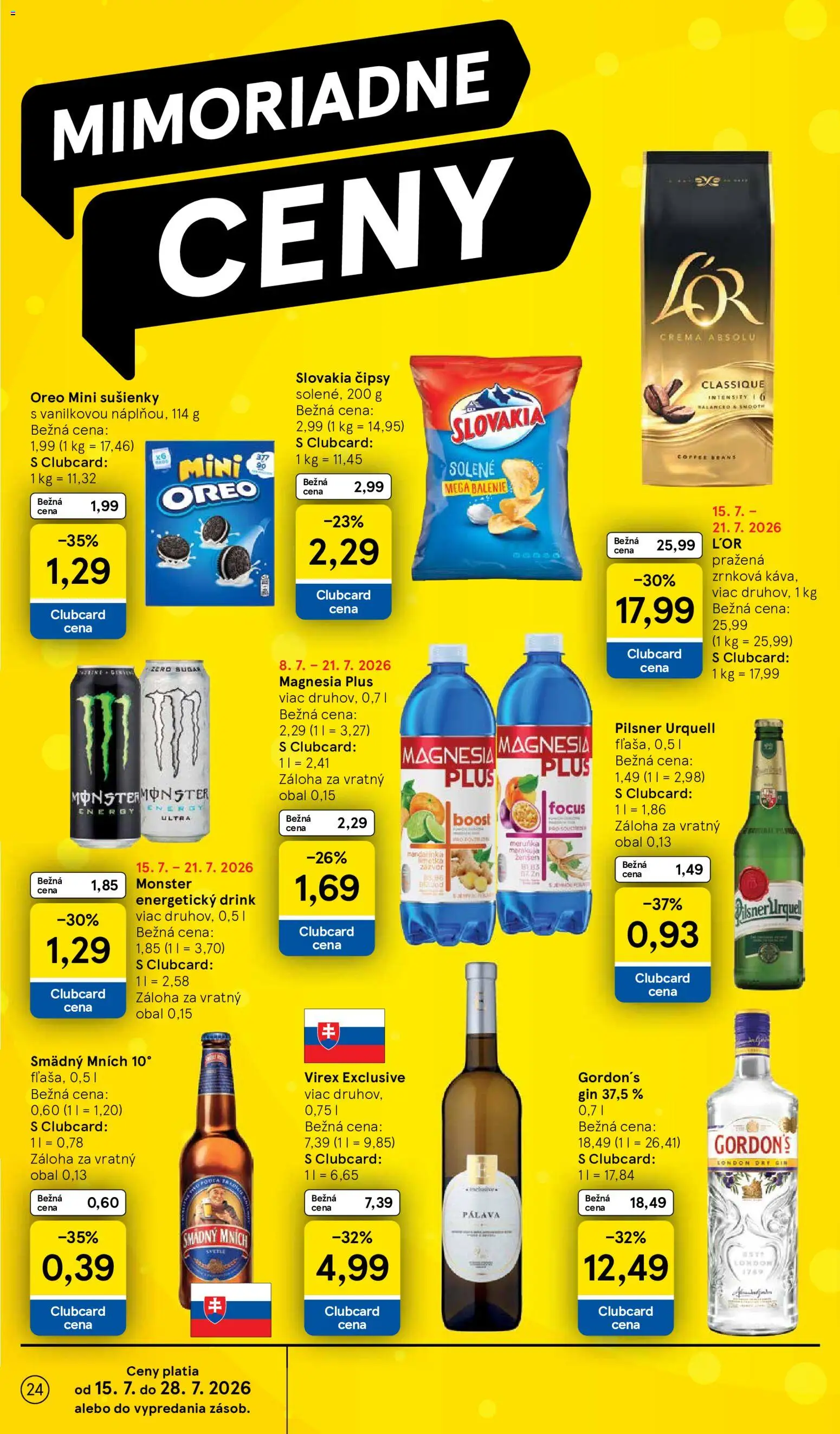 Nové Tesco akcie – leták je platný od 15.07.2026 | Strana: 24 | Produkty: Pilsner Urquell, Káva, Sušienky, Smädný Mních
