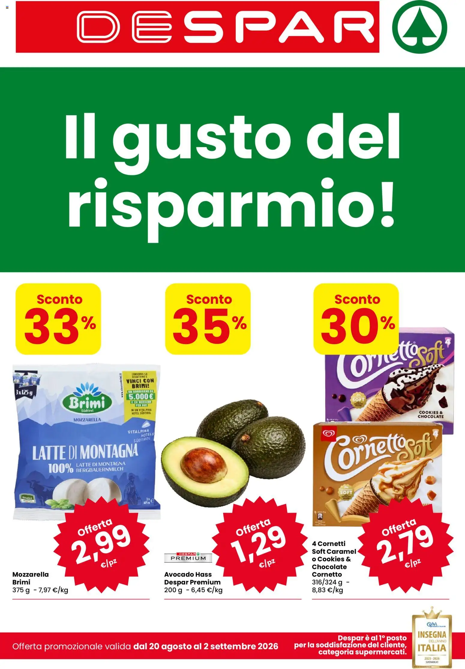 Volantino Despar del 20/08/2026 | Pagina: 1 | Prodotti: Cornetto, Avocado, Mozzarella, Latte