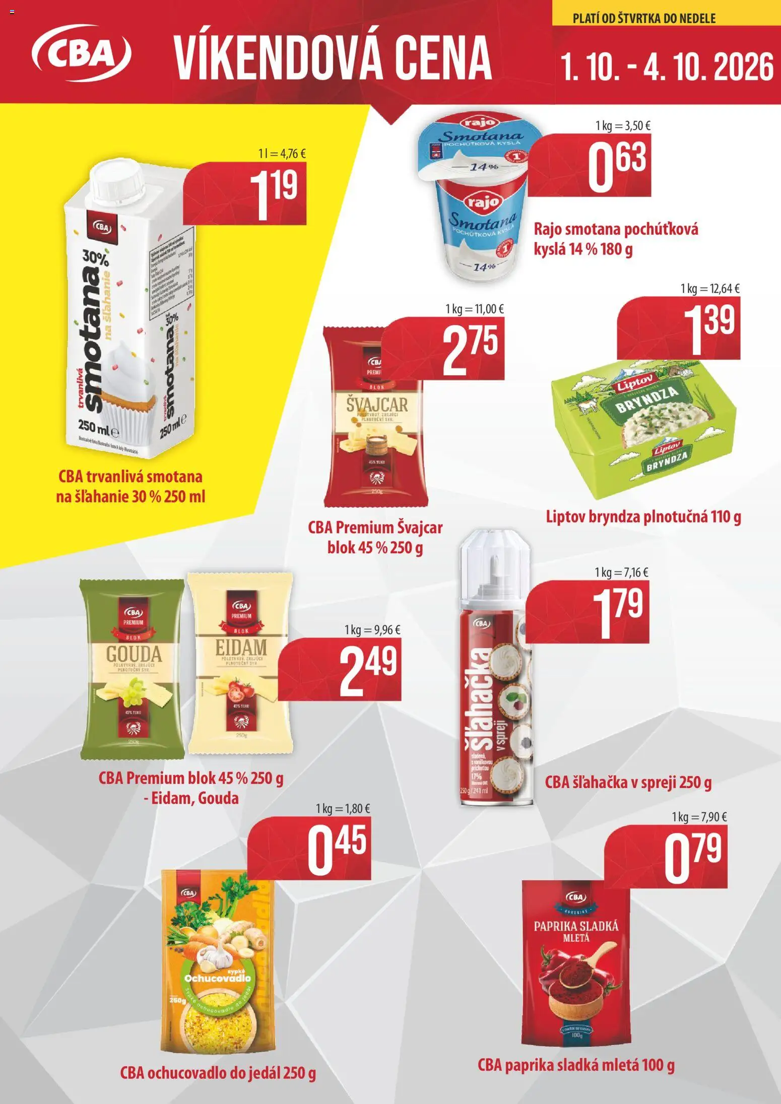 Nové CBA Verex akcie – leták je platný od 01.10.2026 | Strana: 1 | Produkty: Gouda, Eidam, Bryndza, Šľahačka v spreji
