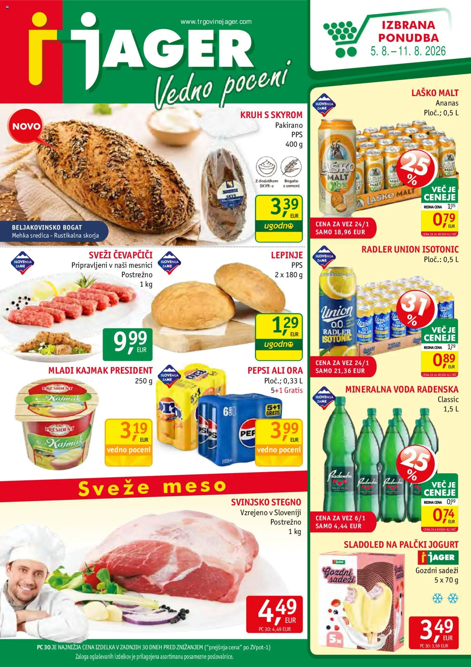 Novi Jager katalog ponudbe – veljaven od 05.08.2026 | Stran: 1 | Izdelki: Radler, Mineralna voda, Sladoled, Voda
