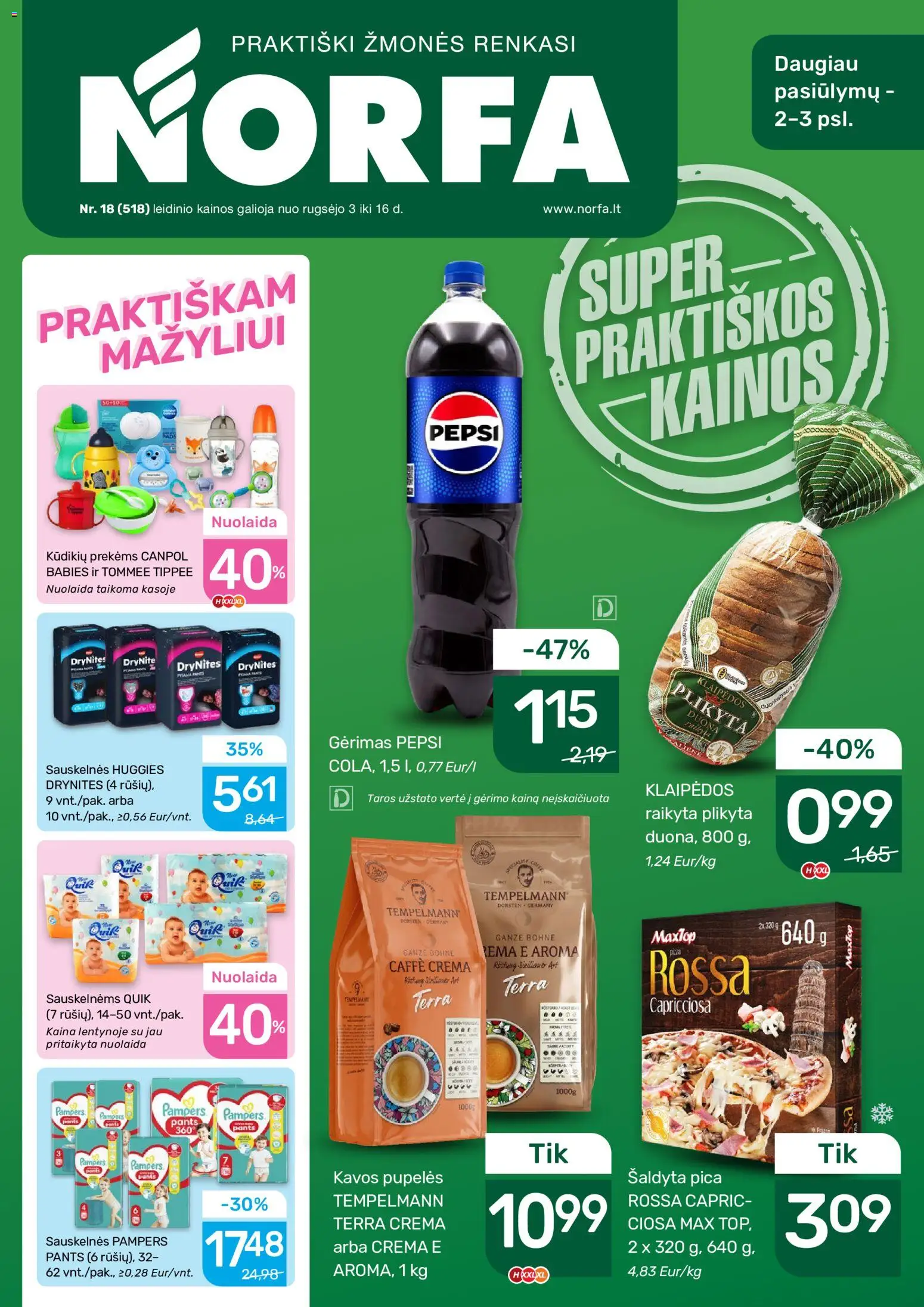 NORFA akcijos nuo 2026.09.03 | Puslapis: 1 | Prekių: Pupelės, Sauskelnės, Duona, Pica