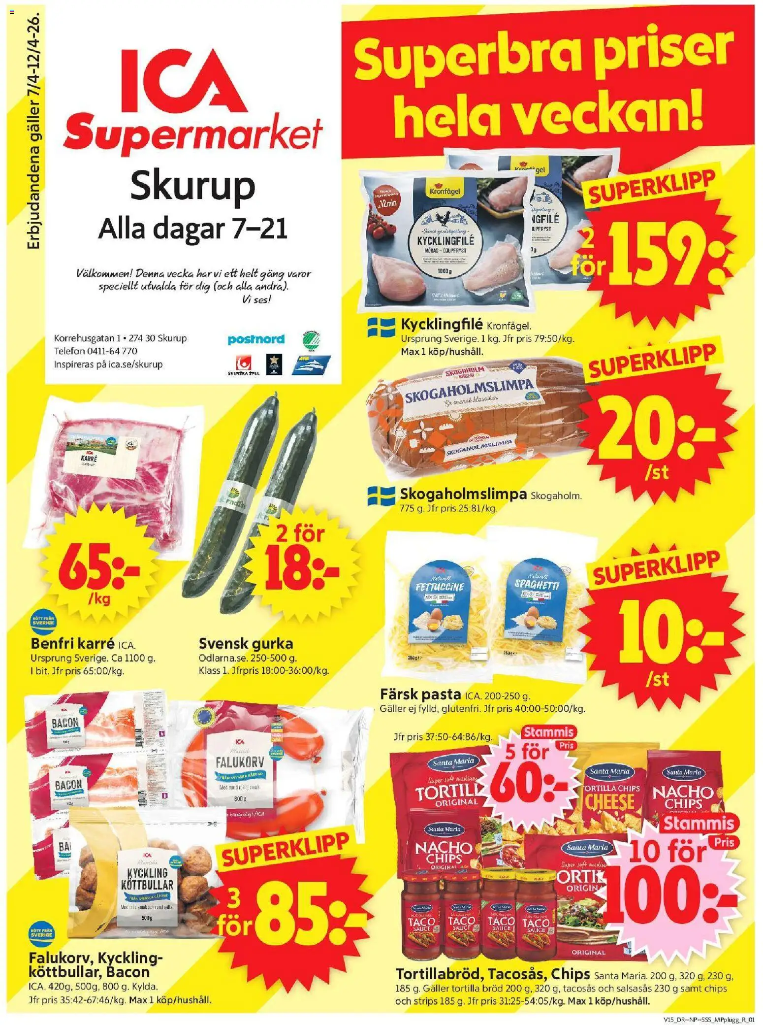ICA Supermarket reklamblad aktuell från 06.04.2026 | Sida: 1 | Produkter: Tortilla, Falukorv, Telefon, Gurka