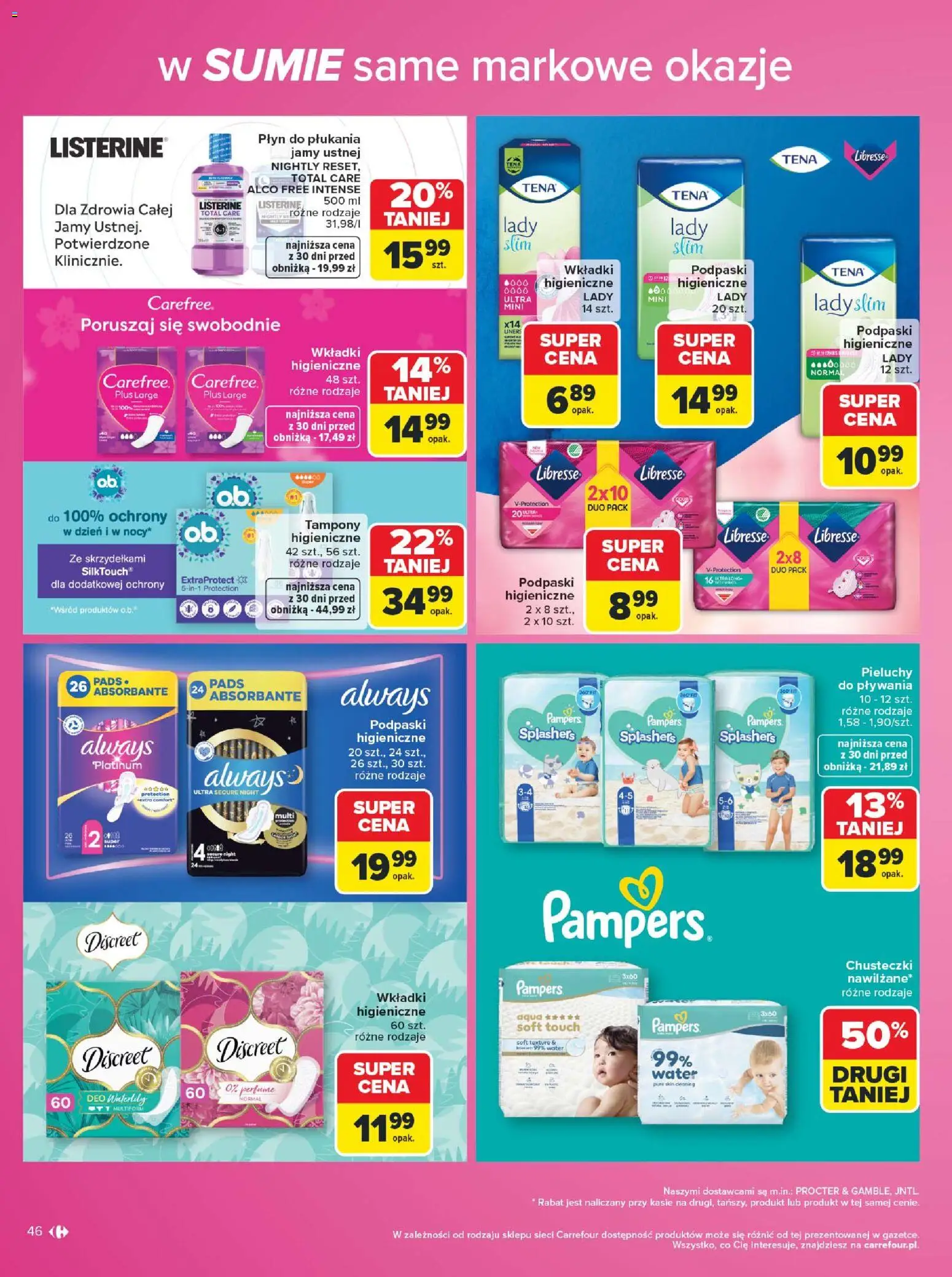 Carrefour gazetka - Same markowe okazje od 03.08.2026 | Strona: 46 | Produkty: Tampony, Pampers, Podpaski, Płyn do płukania jamy ustnej