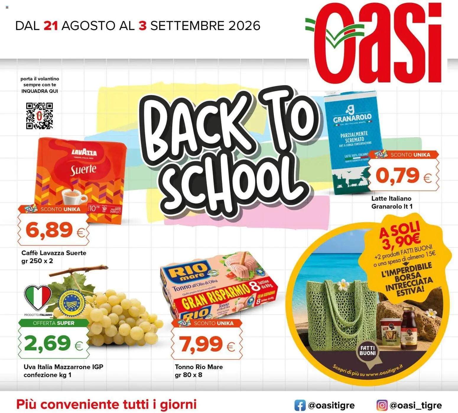 Volantino Oasi del 21/08/2026 | Pagina: 1 | Prodotti: Porta, Tonno, Borsa, Lavazza