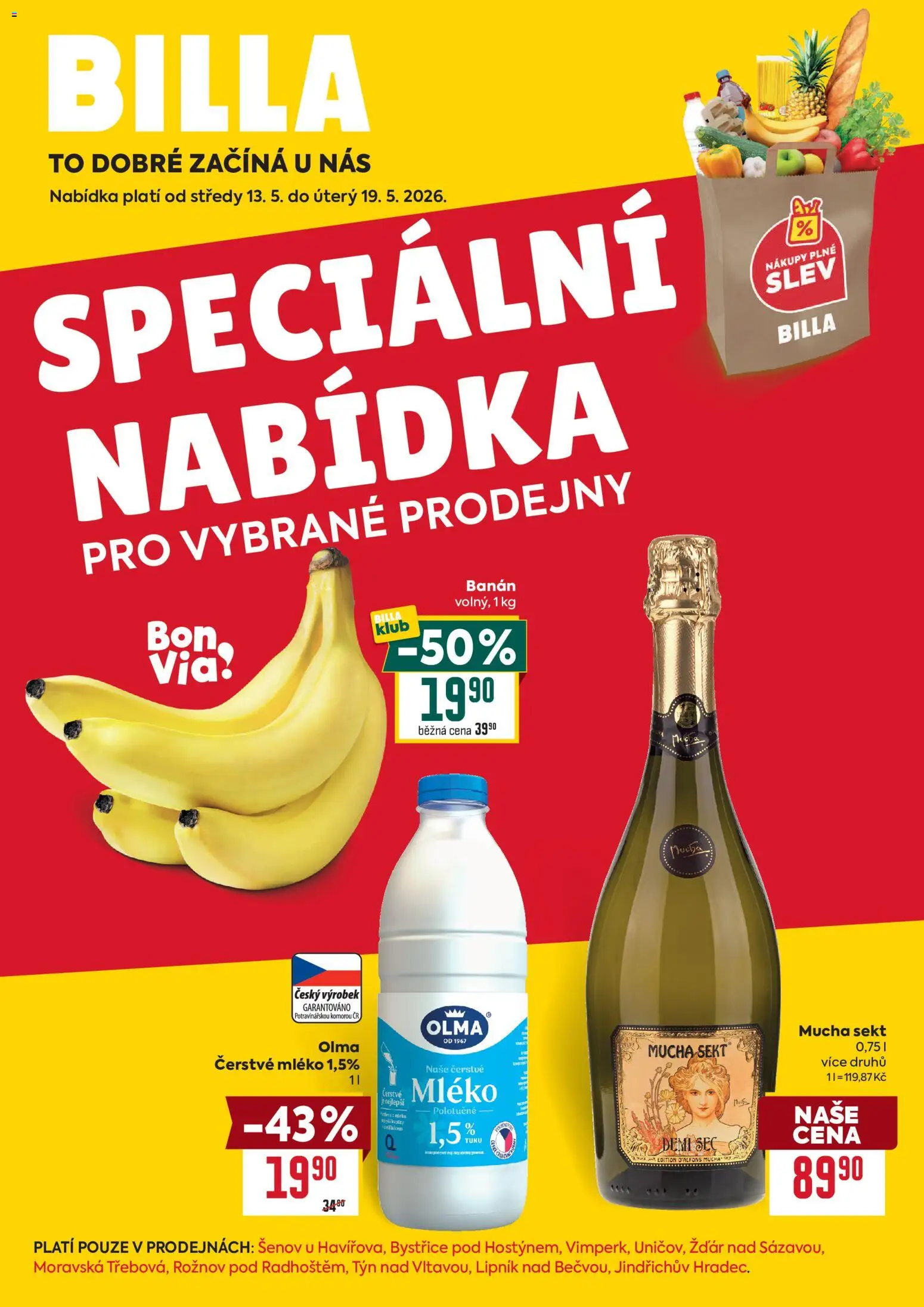 Billa leták - Speciální nabídka od 13.05.2026 | Strana: 1 | Produkty: Mléko, Banán, Sekt, Mucha sekt