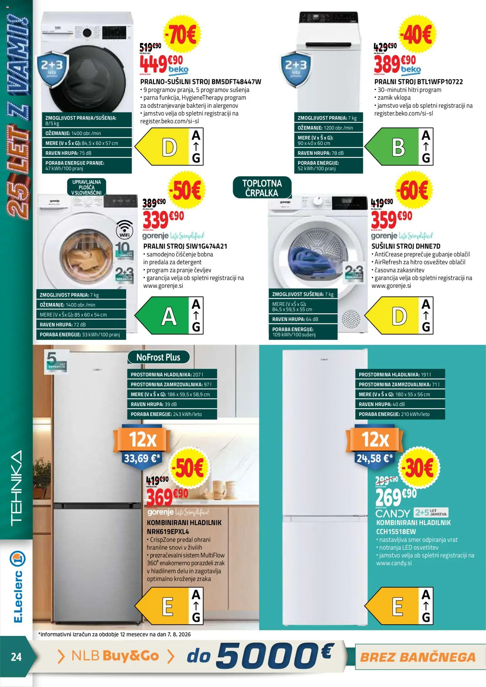 Novi E.leclerc katalog ponudbe – veljaven od 19.08.2026 | Stran: 24 | Izdelki: Hladilnik, Pralni stroj, Susilni stroj, Detergent