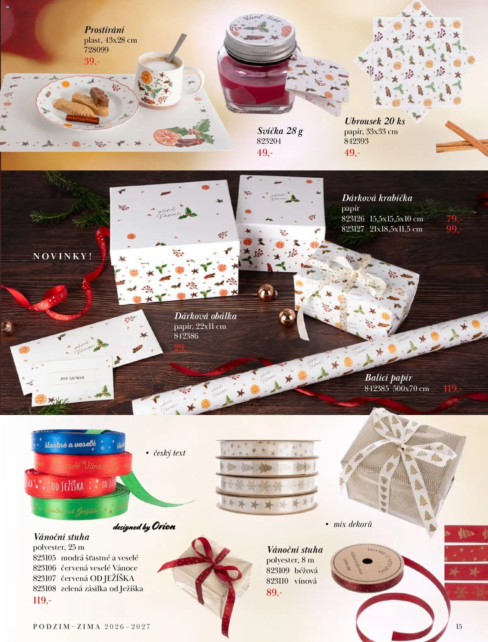 Orion katalog - Podzim/zima 2026/2027 od 22.09.2026 | Strana: 15 | Produkty: Balicí papír, Krabička, Prostírání, Svíčka