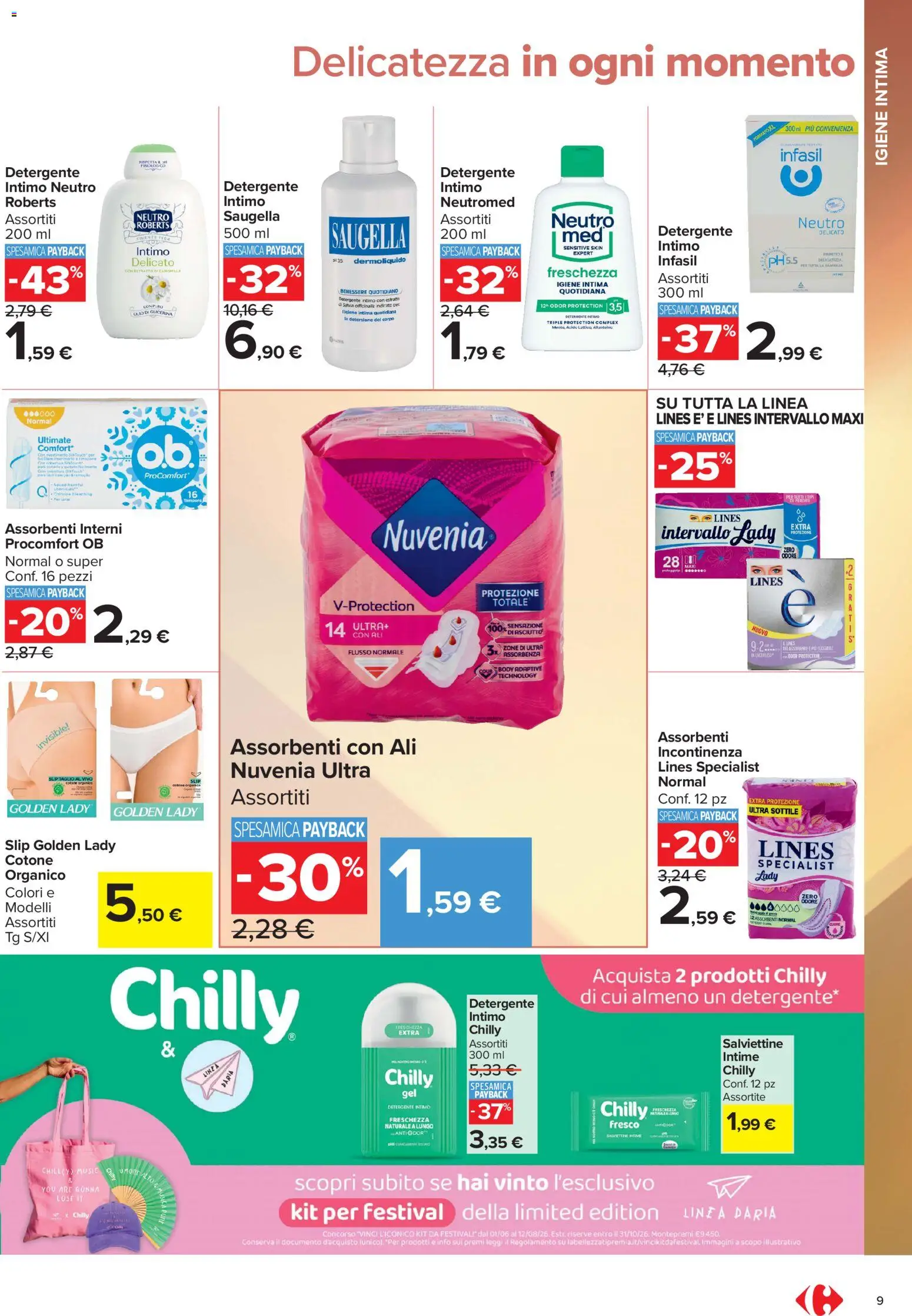 Volantino Carrefour del 10/07/2026 | Pagina: 9 | Prodotti: Detergente intimo, Intimo, Slip, Gonna