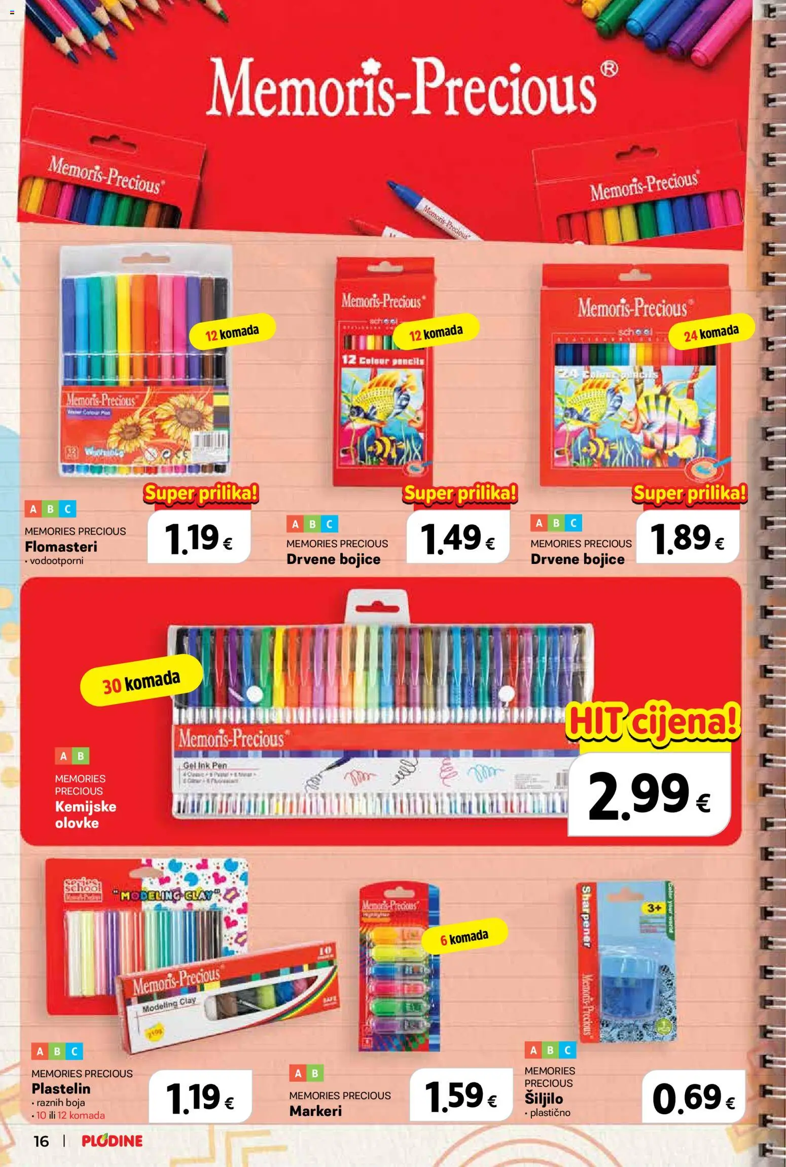 Plodine katalog | vrijedi od 13.08.2026 | Stranica: 16 | Proizvodi: Šiljilo, Drvene bojice, Flomasteri, Plastelin