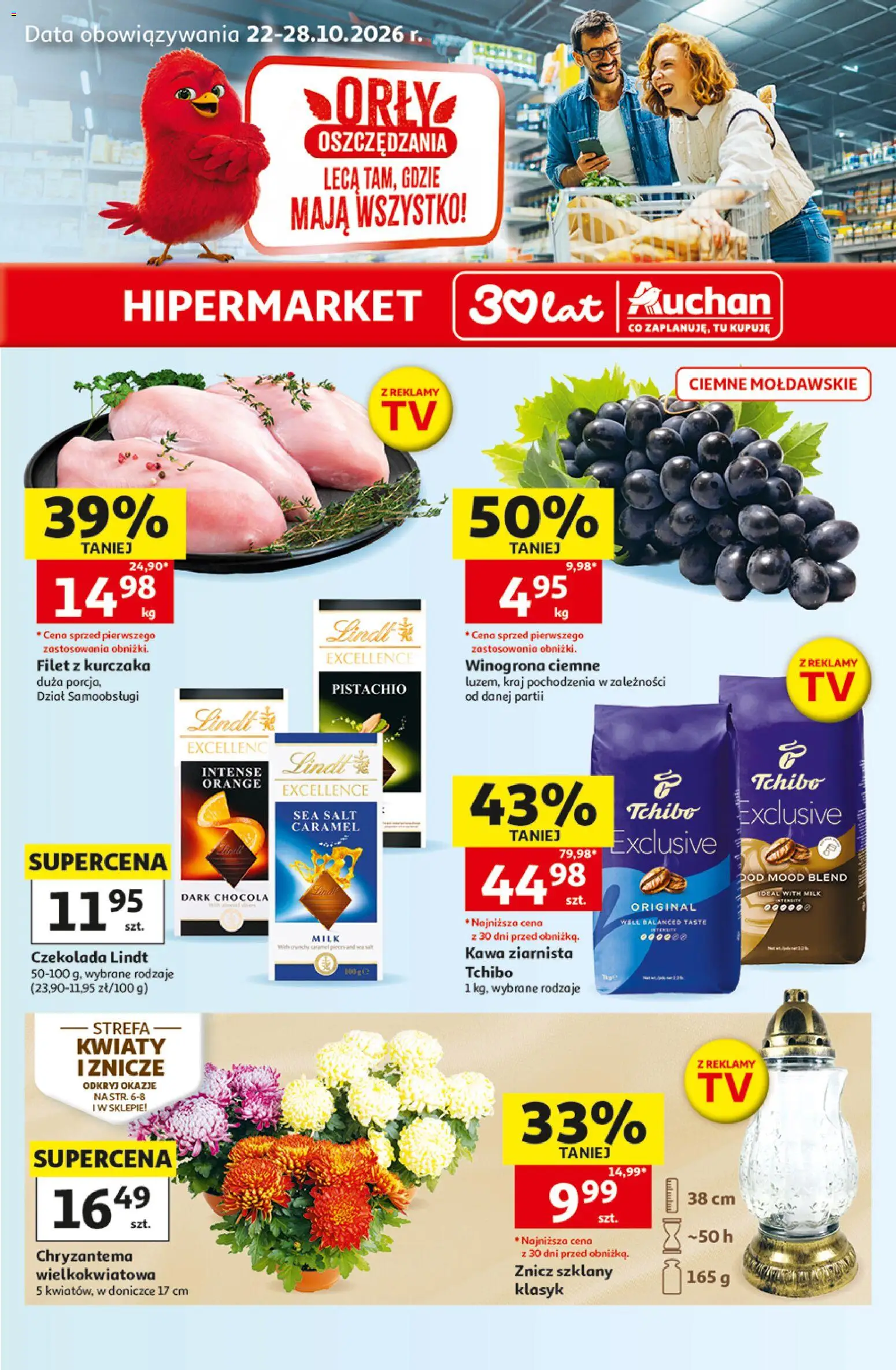 Auchan gazetka - Hipermarket od 22.10.2026 | Strona: 1 | Produkty: Czekolada lindt, Tchibo exclusive, Filet, Kwiaty