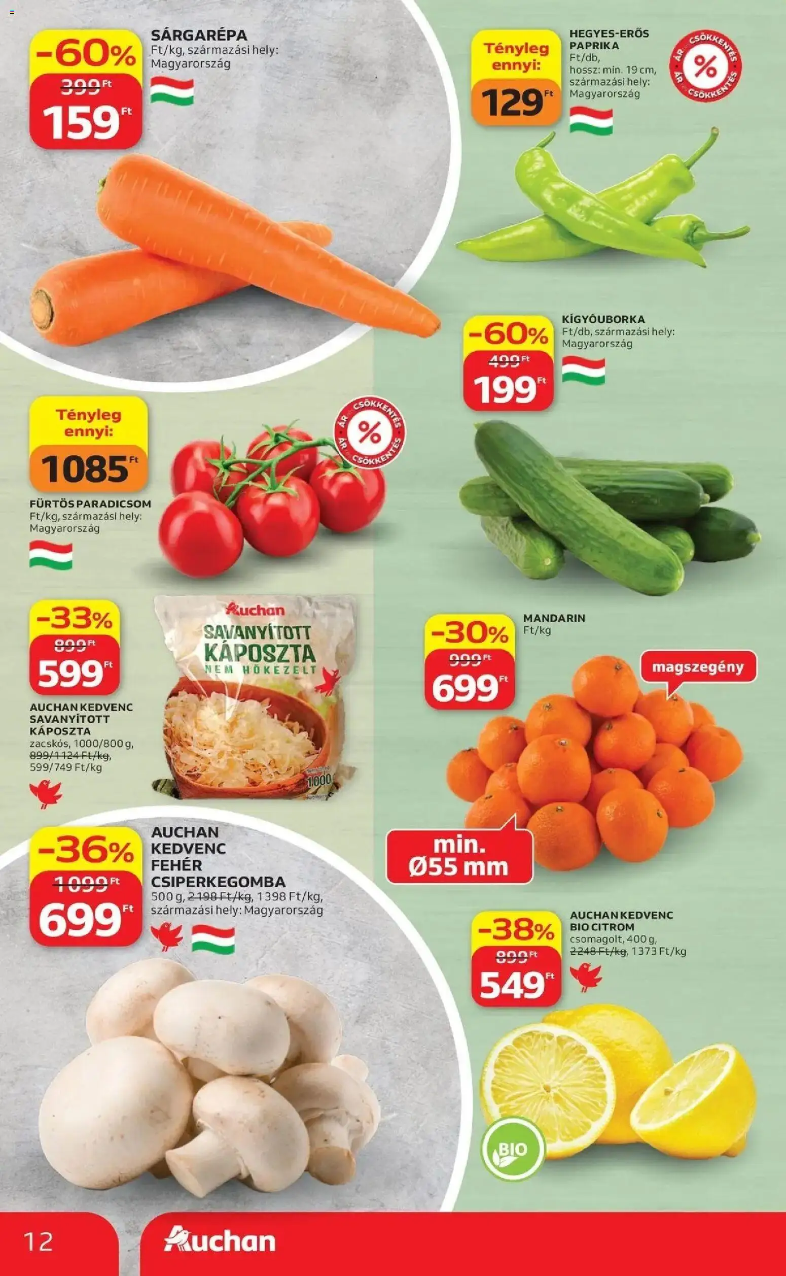 Auchan akciós ujság - amely érvényes a következő dátumtól: 09.04.2026 | Oldal: 12 | Termékek: Káposzta, Kígyóuborka, Paradicsom, Mandarin
